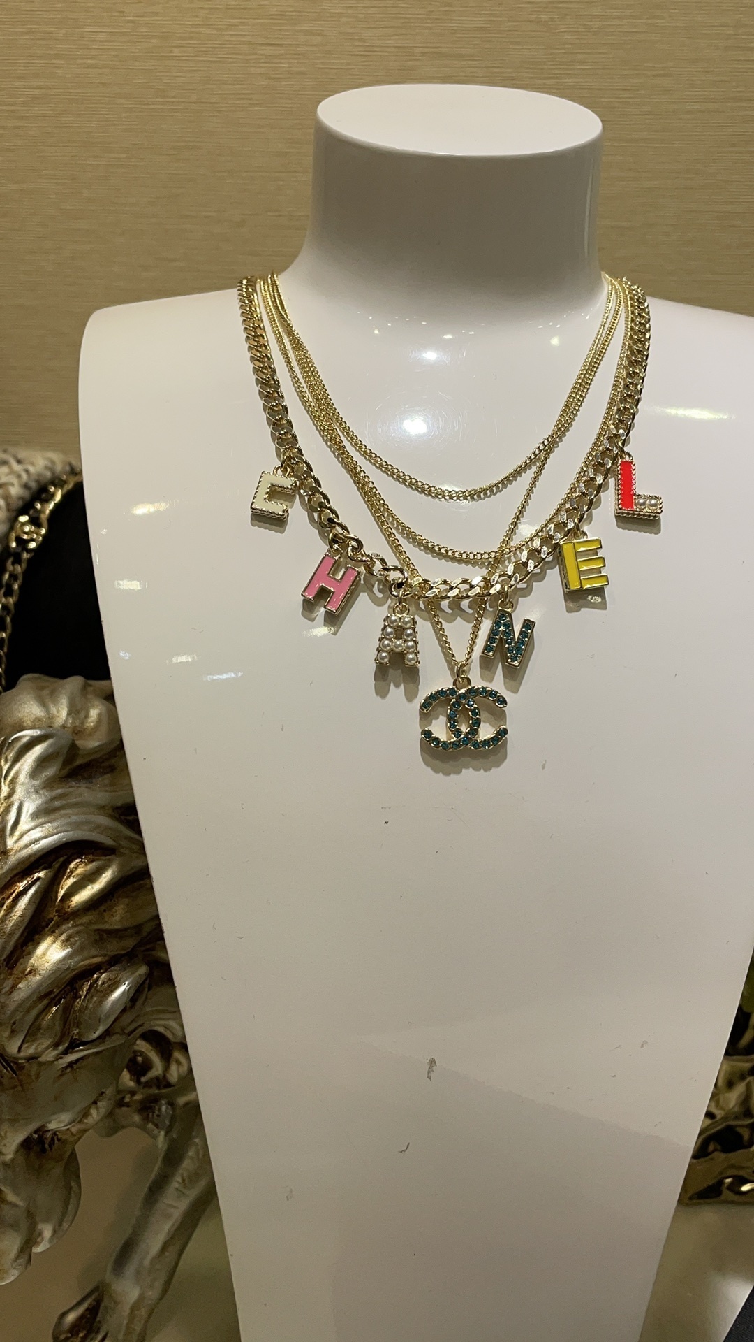 Chanel Multi-Layered Gold Necklace with Colorful CC & Letter Charms