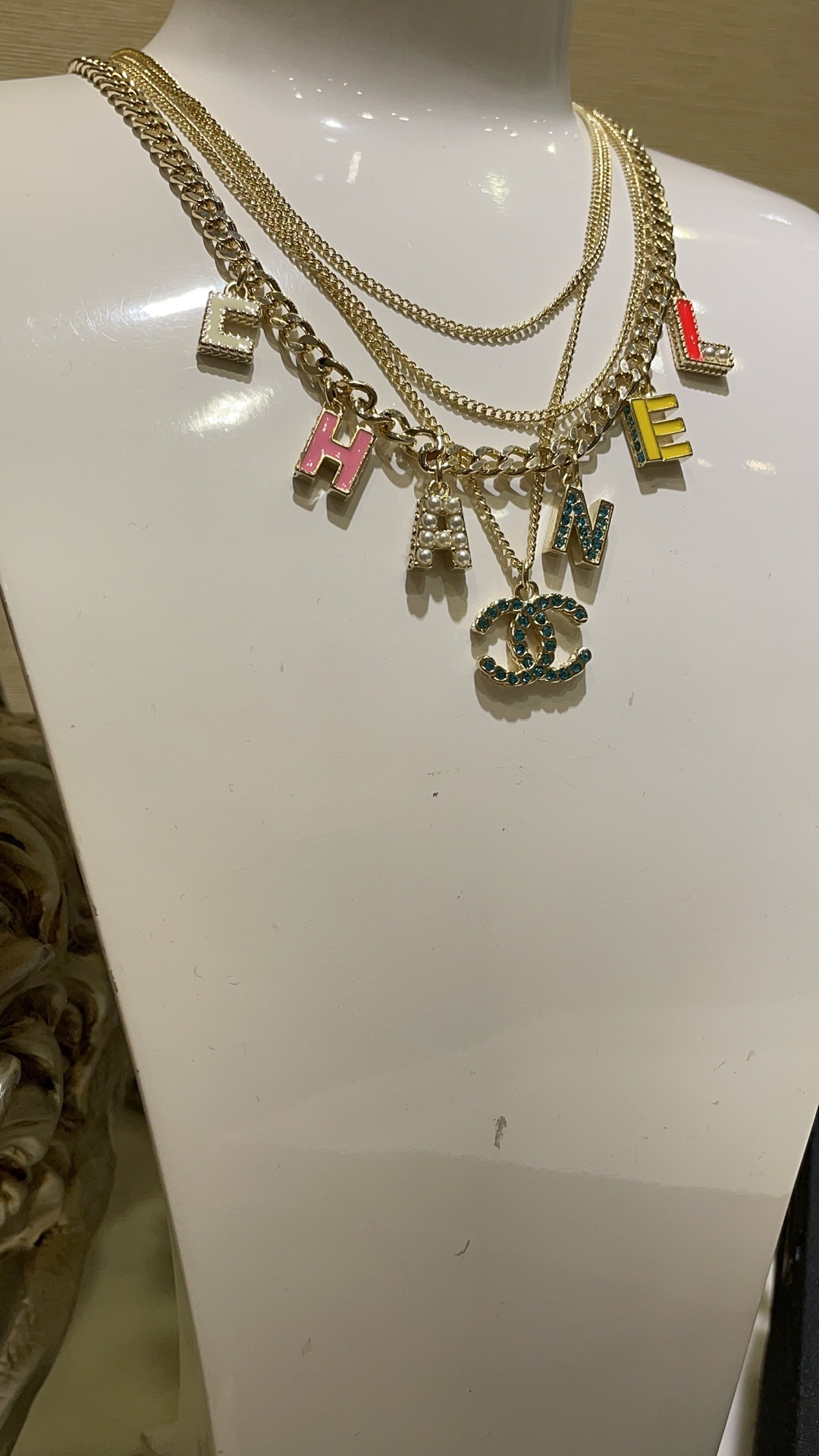 Chanel Multi-Layered Gold Necklace with Colorful CC & Letter Charms
