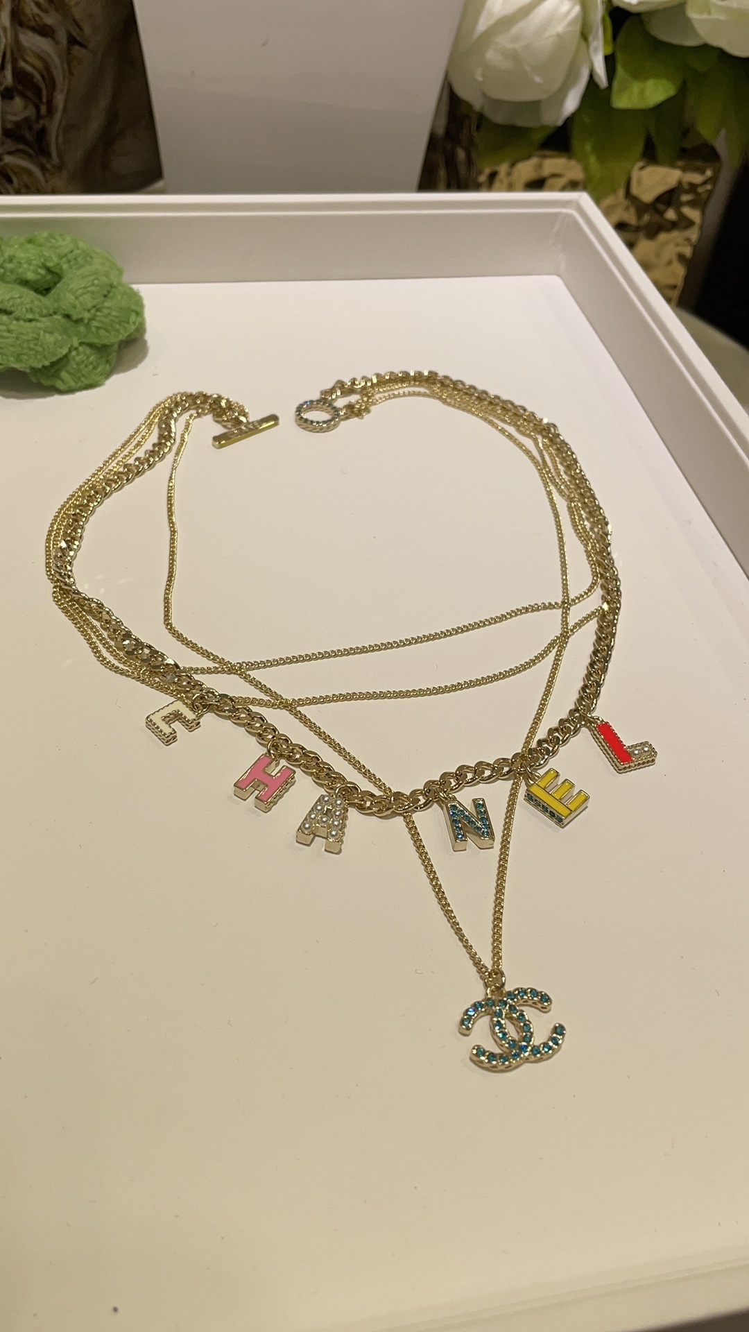 Chanel Multi-Layered Gold Necklace with Colorful CC & Letter Charms