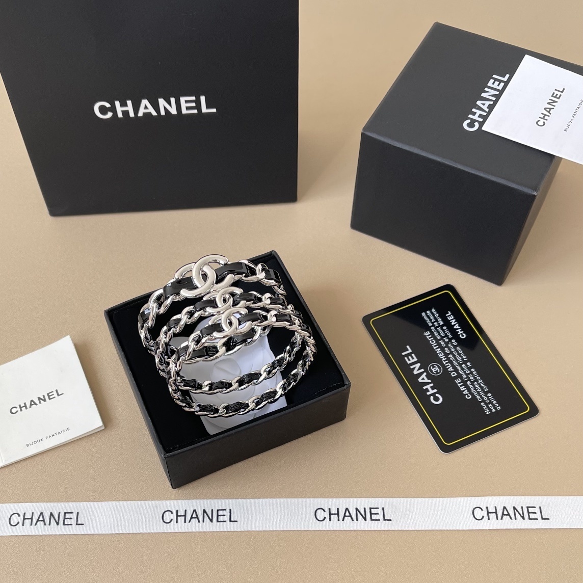 Chanel 2025 SS Silver & Black Goatskin Chain Bangle Cuff