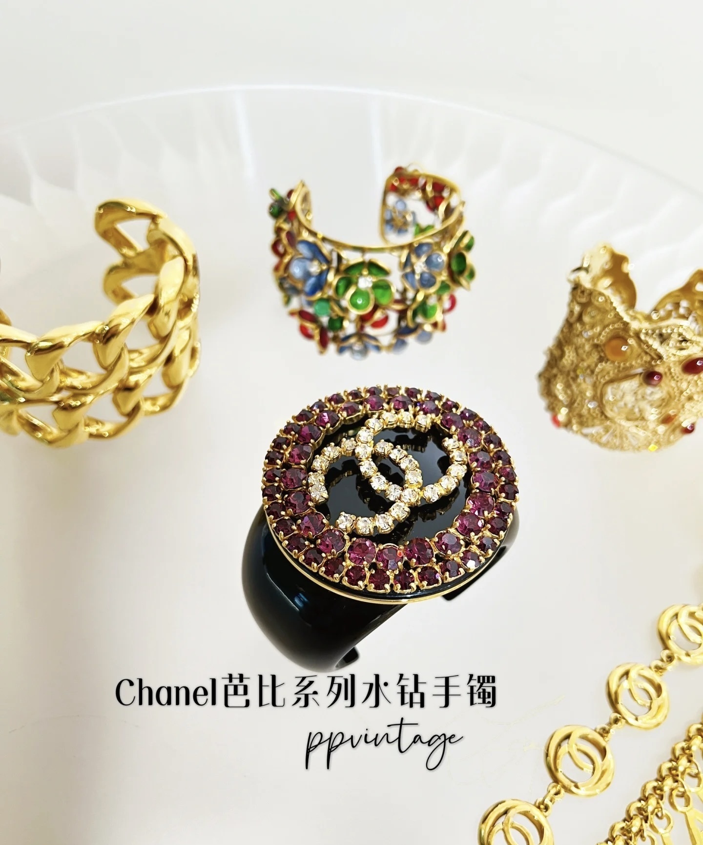 Chanel Black Resin Cuff Bracelet with Red & Clear Crystal CC Logo