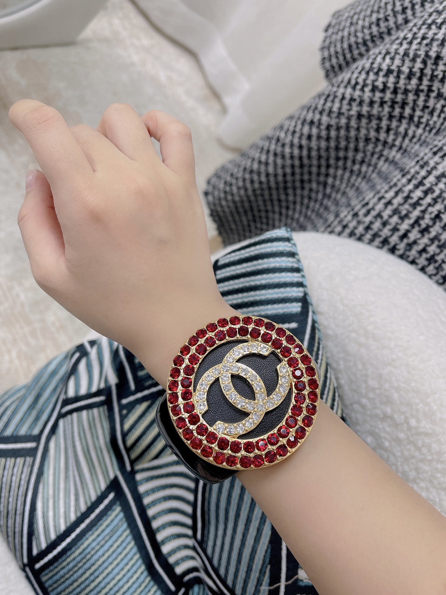 Chanel Black Resin Cuff Bracelet with Red & Clear Crystal CC Logo