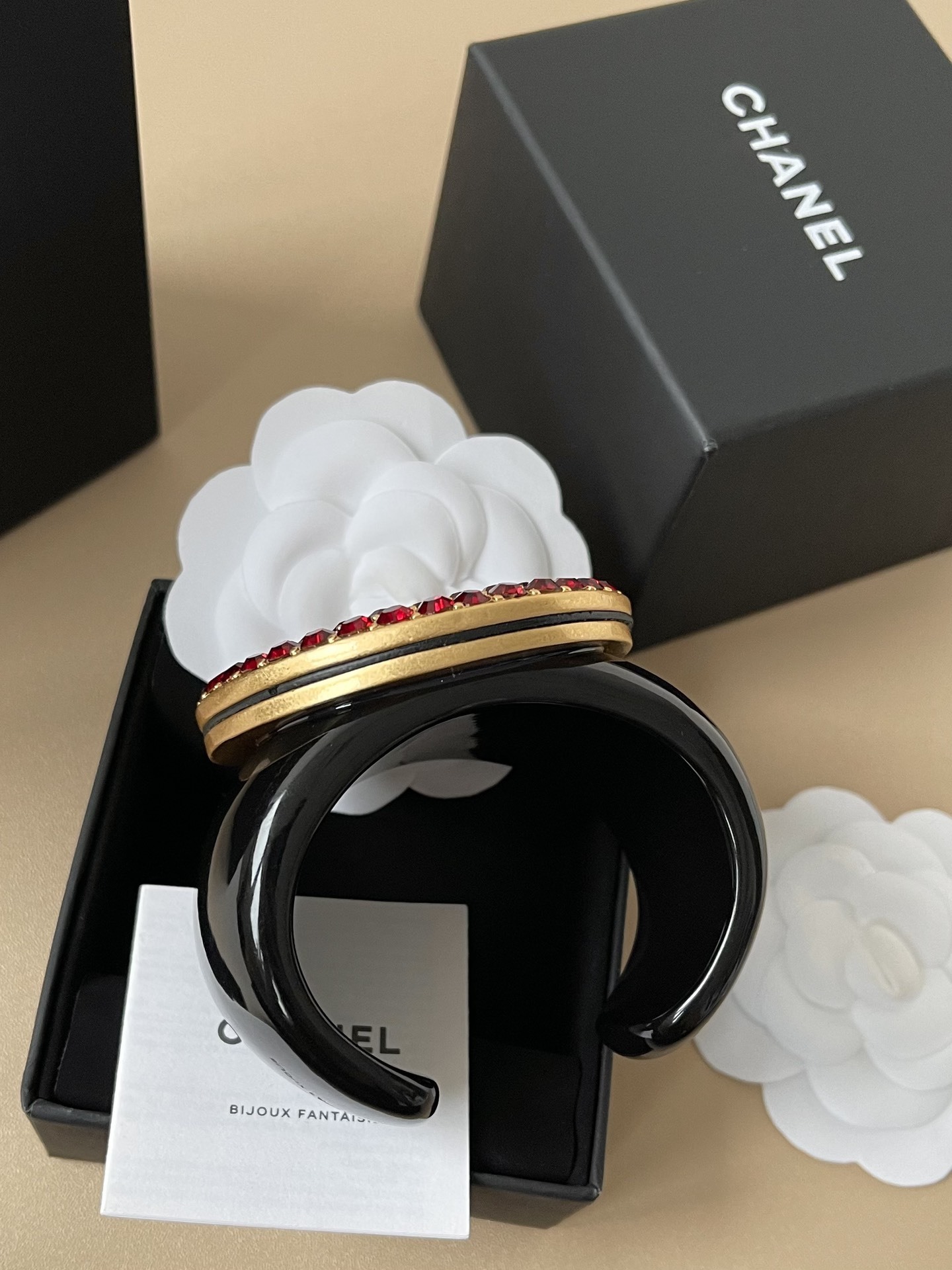 Chanel Black Resin Cuff Bracelet with Red & Clear Crystal CC Logo