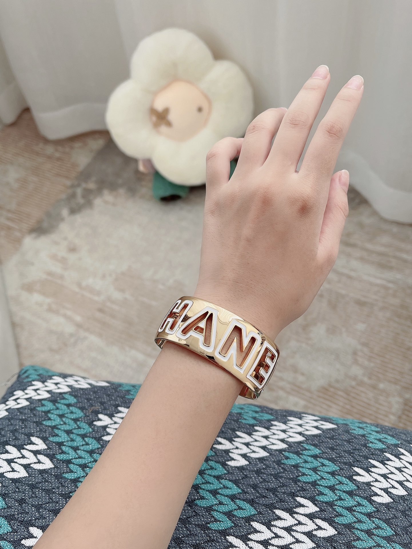 Chanel Gold-Tone and White Enamel Statement Cuff Bracelet