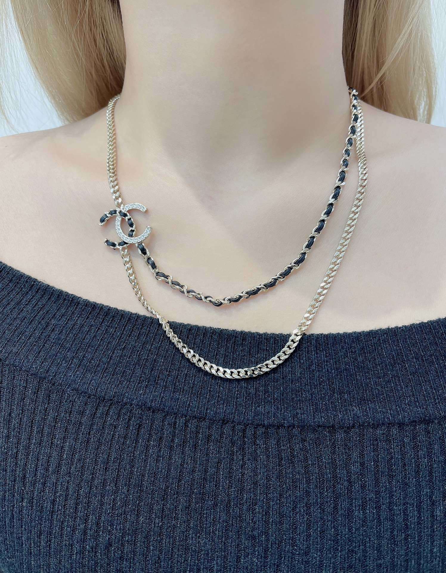 Luxury Chanel Double Chain CC Logo Necklace - Gold & Black Leather