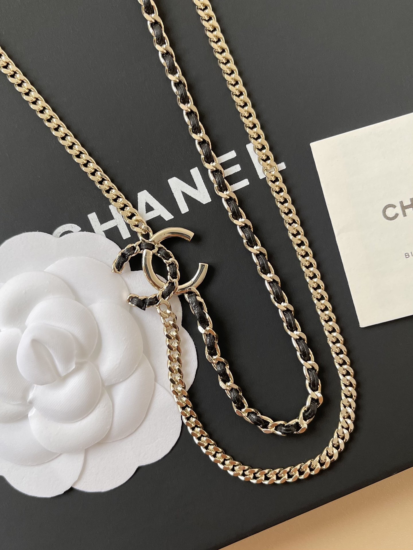 Luxury Chanel Double Chain CC Logo Necklace - Gold & Black Leather