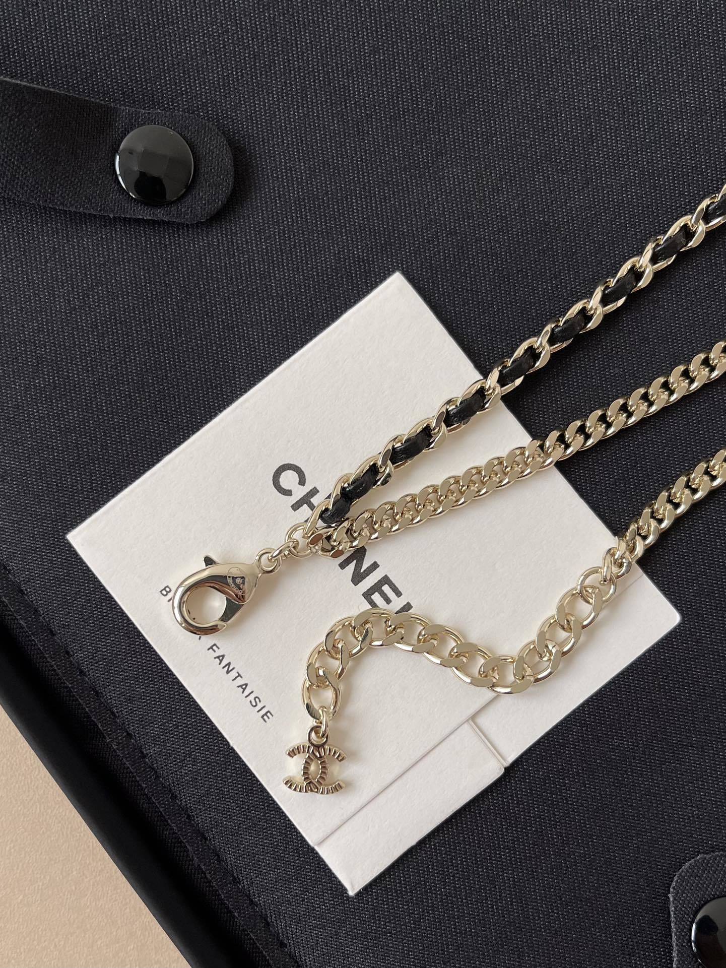 Luxury Chanel Double Chain CC Logo Necklace - Gold & Black Leather