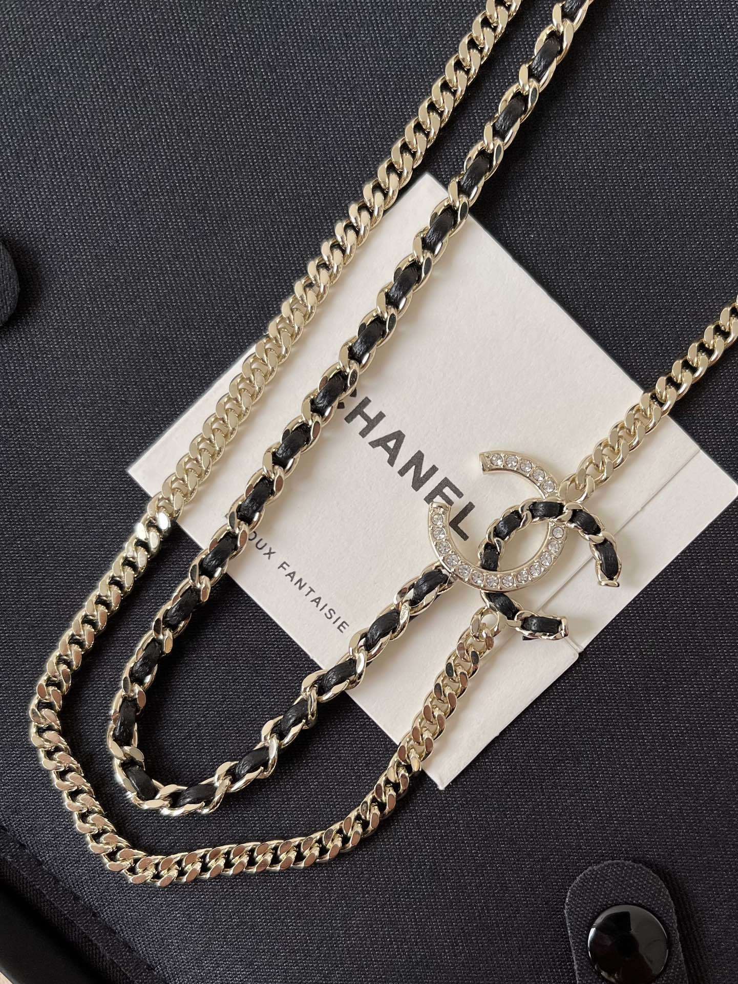 Luxury Chanel Double Chain CC Logo Necklace - Gold & Black Leather