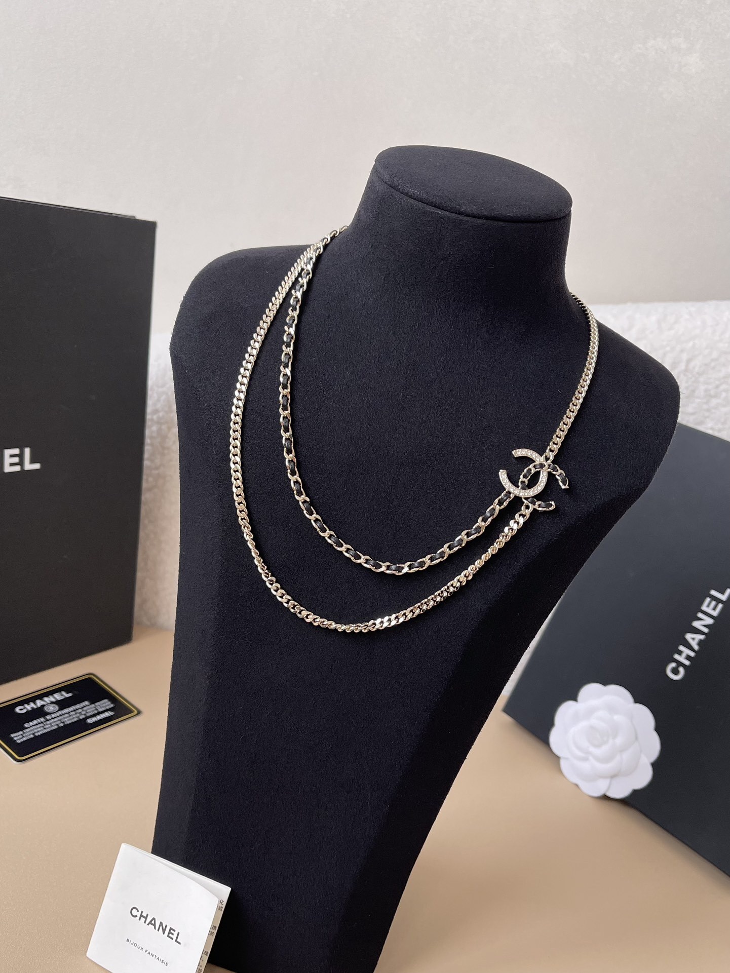 Luxury Chanel Double Chain CC Logo Necklace - Gold & Black Leather