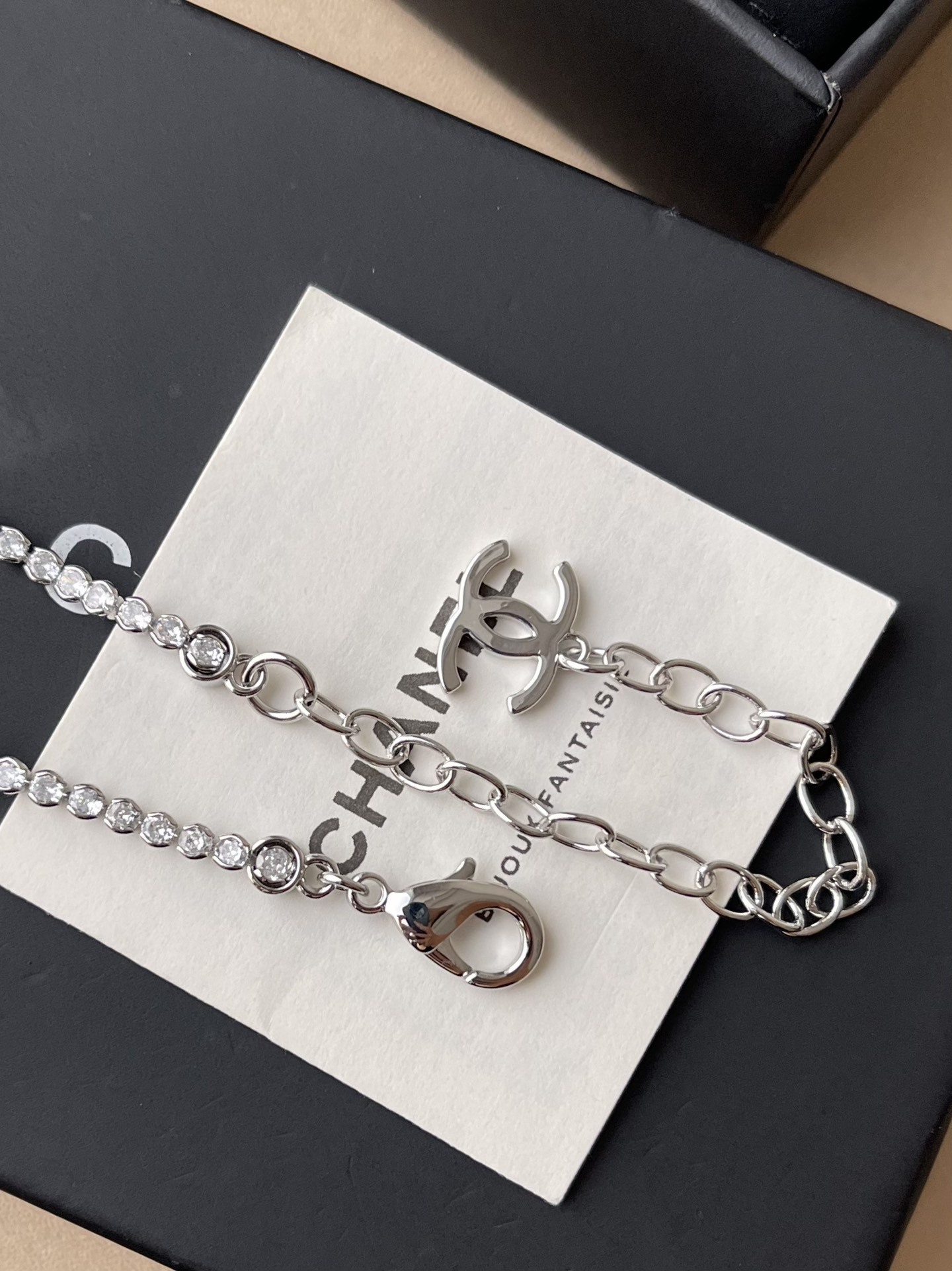 Elegant CC Logo Crystal & Pearl Tennis Necklace in Silver