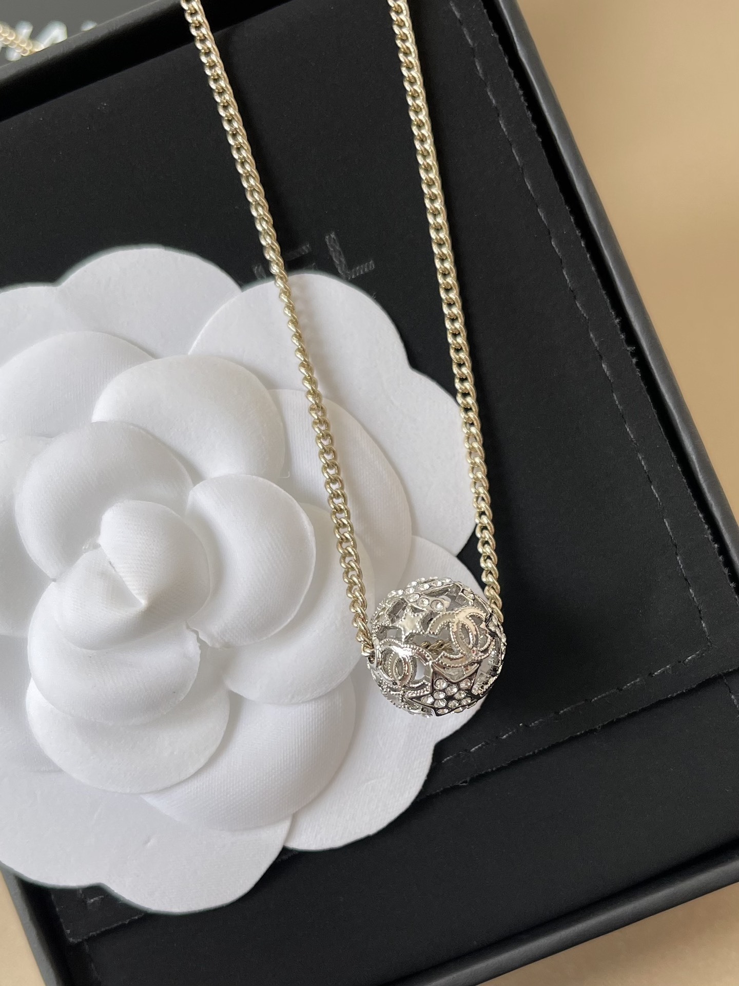 Chanel CC Logo Crystal Sphere Necklace - Elegant Gold Tone Jewelry