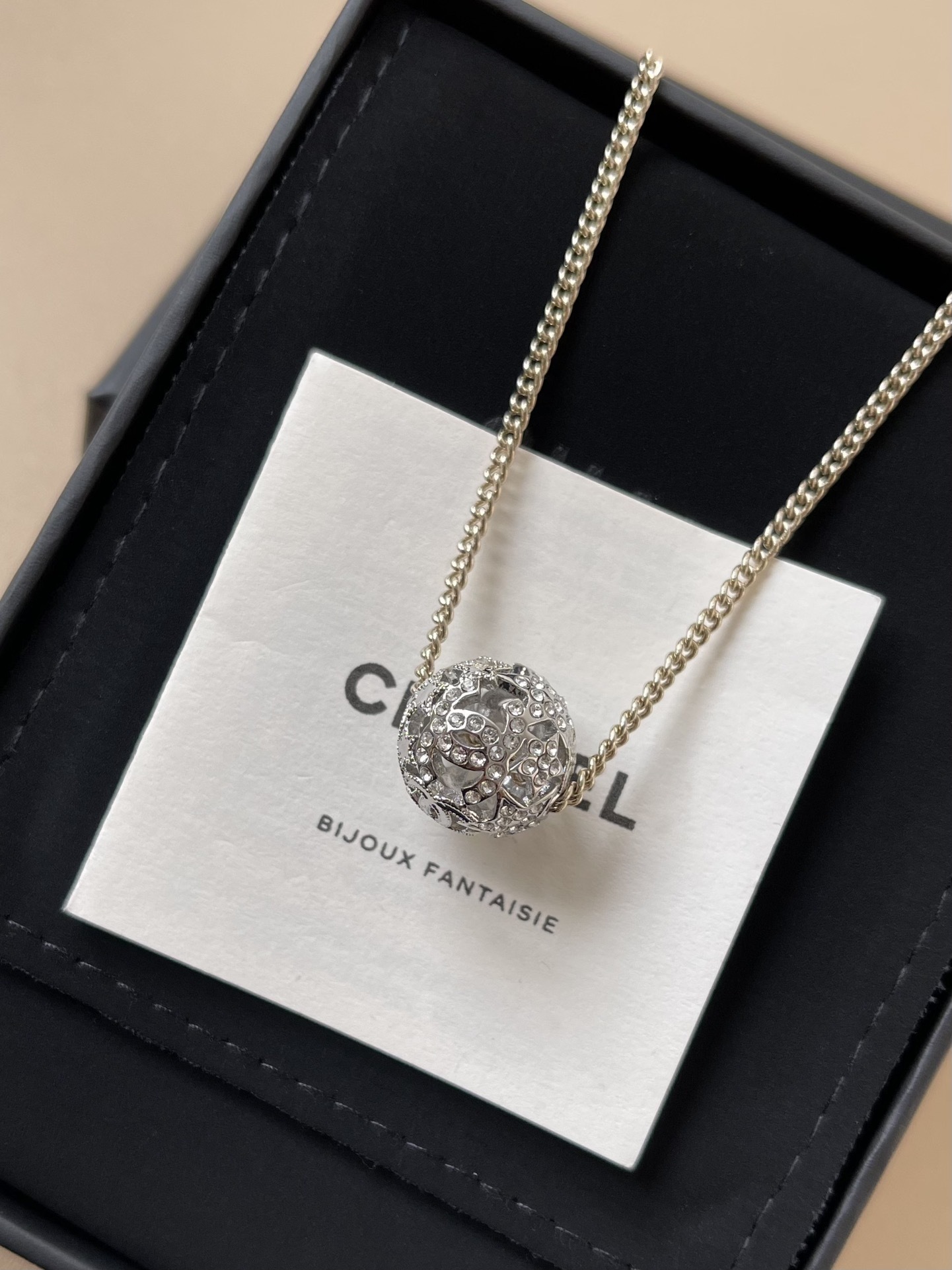 Chanel CC Logo Crystal Sphere Necklace - Elegant Gold Tone Jewelry