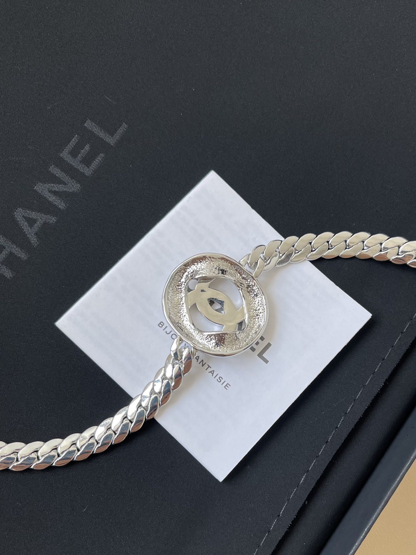 Chanel CC Logo Crystal Encrusted Silver Chain Necklace