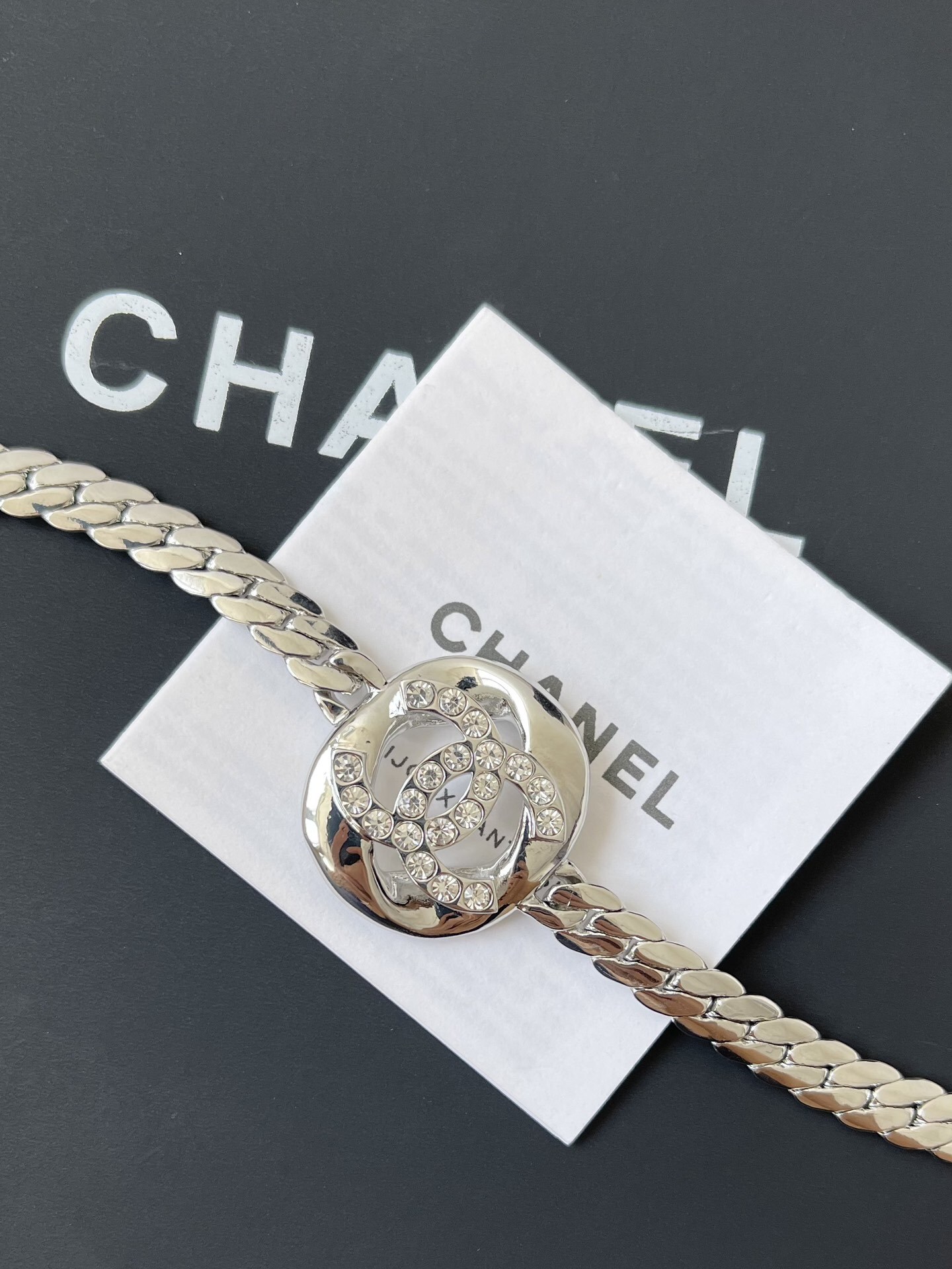 Chanel CC Logo Crystal Encrusted Silver Chain Necklace