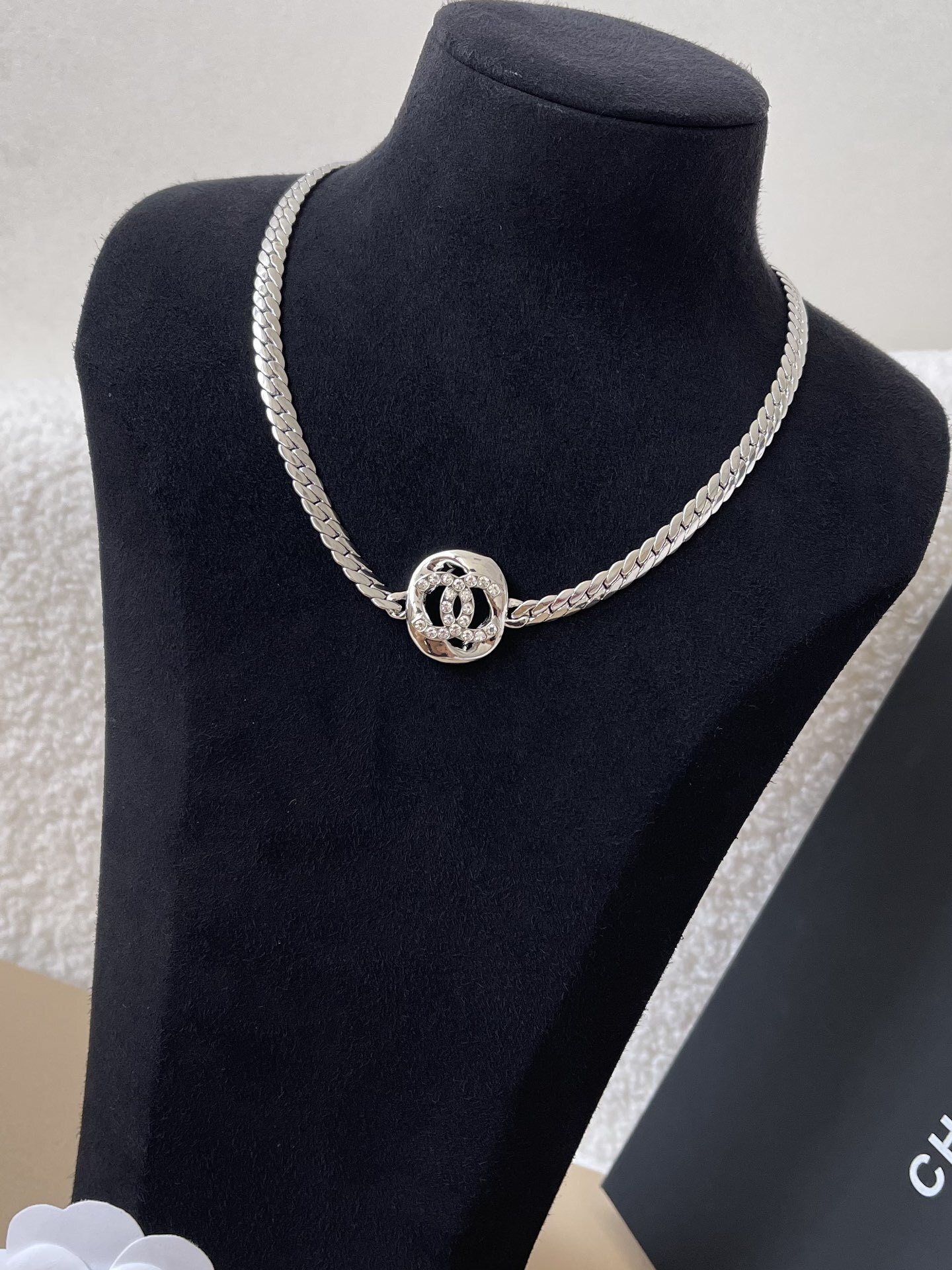 Chanel CC Logo Crystal Encrusted Silver Chain Necklace