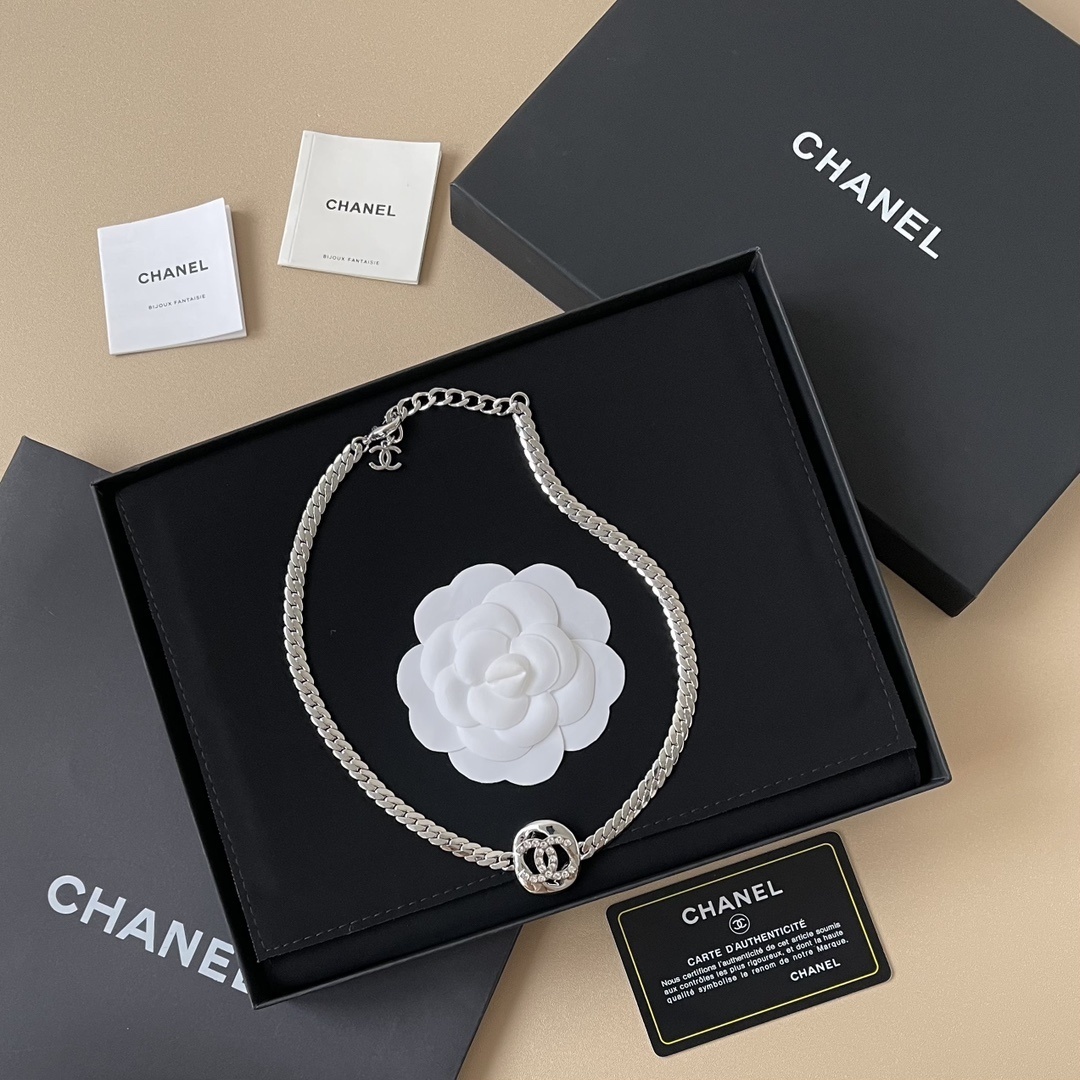 Chanel CC Logo Crystal Encrusted Silver Chain Necklace