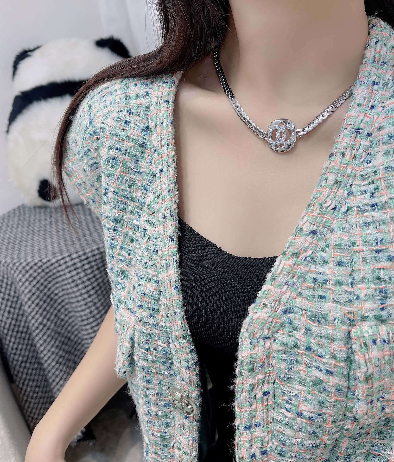 Chanel CC Logo Crystal Encrusted Silver Chain Necklace