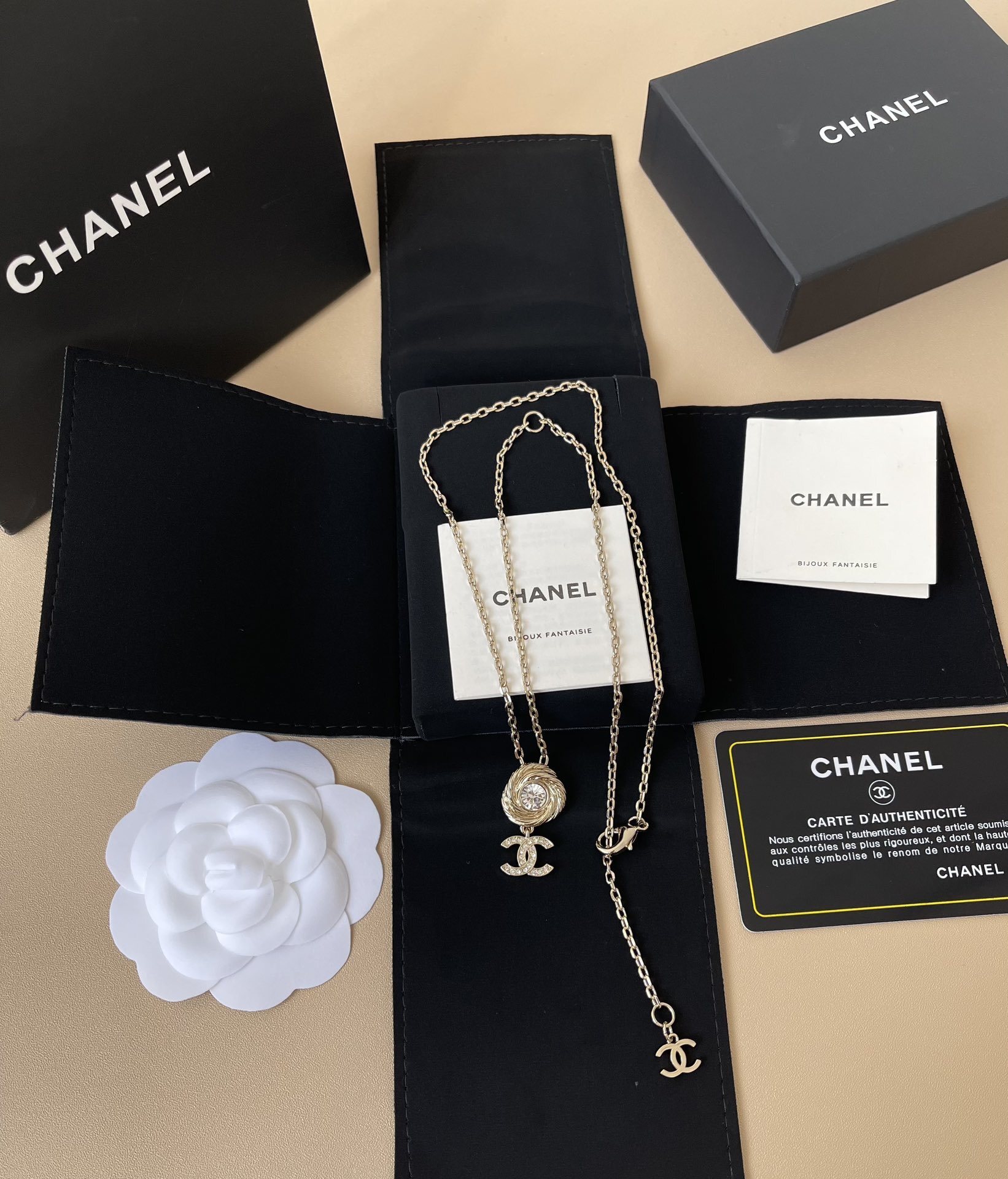 Chanel CC Logo Crystal Swirl Jewelry Set - Gold Necklace & Earrings