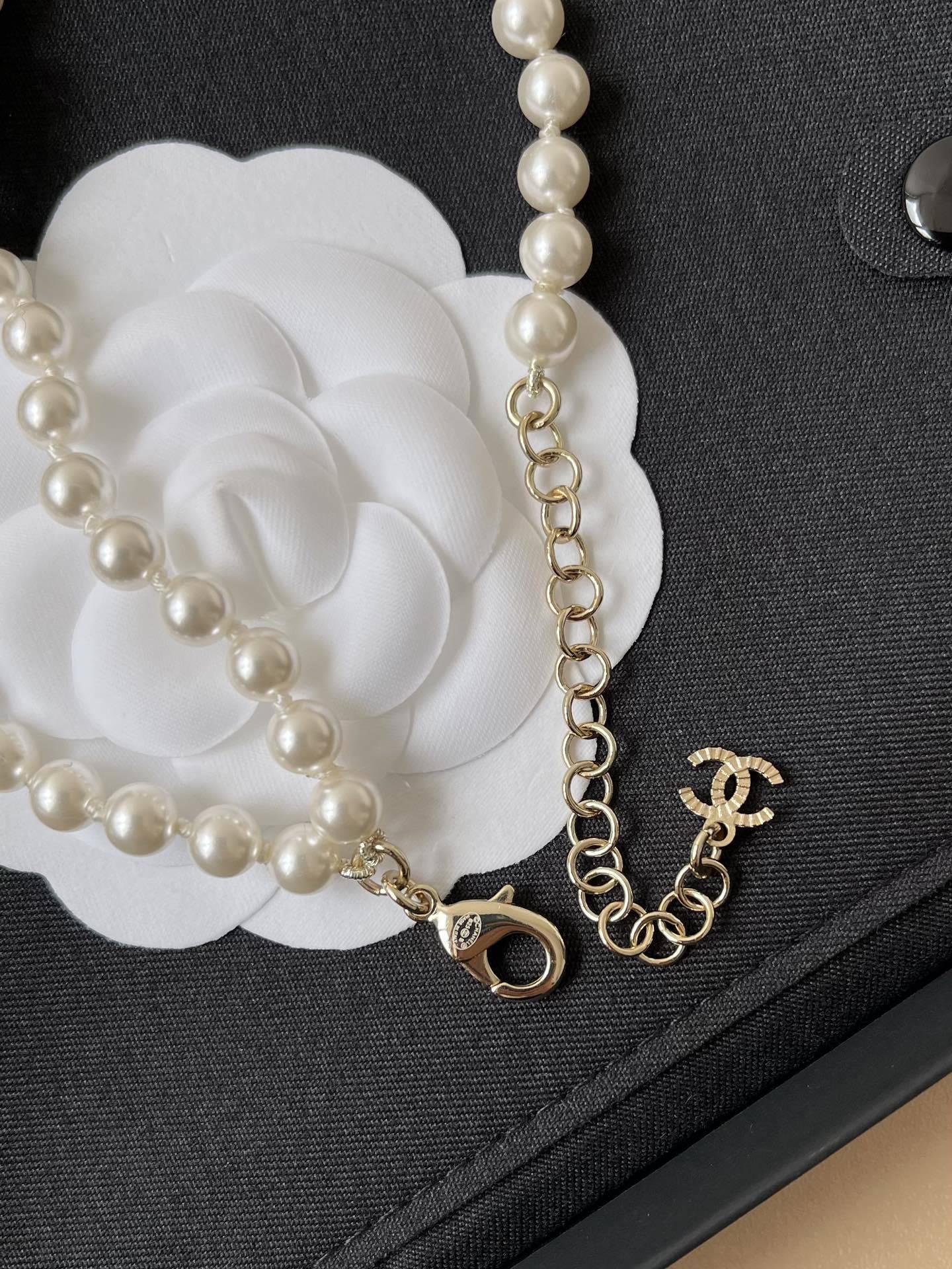 Luxury Double Strand Pearl Necklace with Crystal CC Logo Pendant