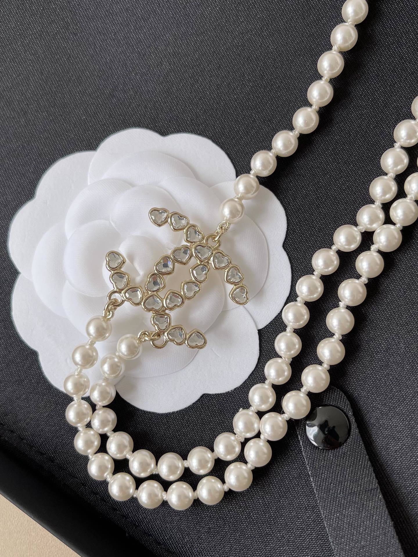 Luxury Double Strand Pearl Necklace with Crystal CC Logo Pendant