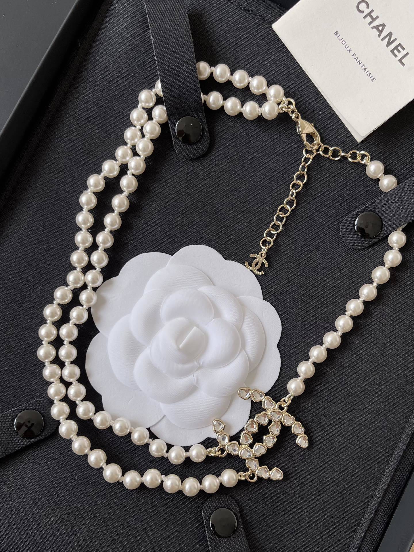 Luxury Double Strand Pearl Necklace with Crystal CC Logo Pendant