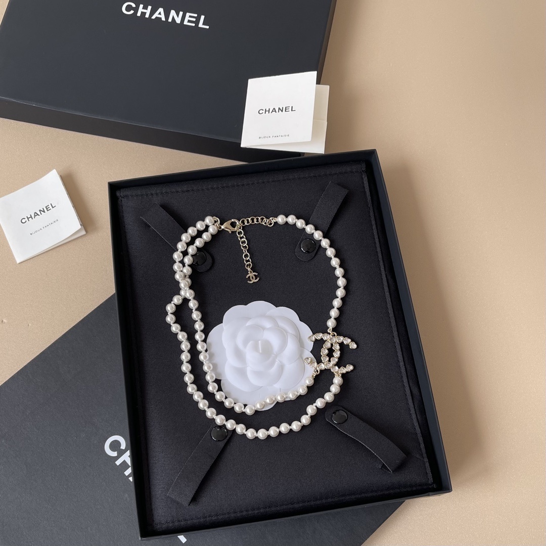 Luxury Double Strand Pearl Necklace with Crystal CC Logo Pendant