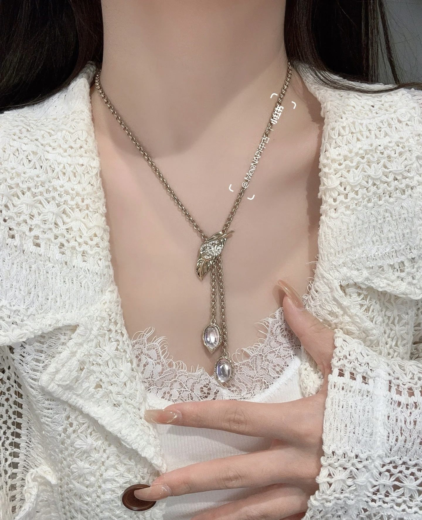 Chanel Gold Leaf CC Logo Necklace with Pink Crystal Pendants