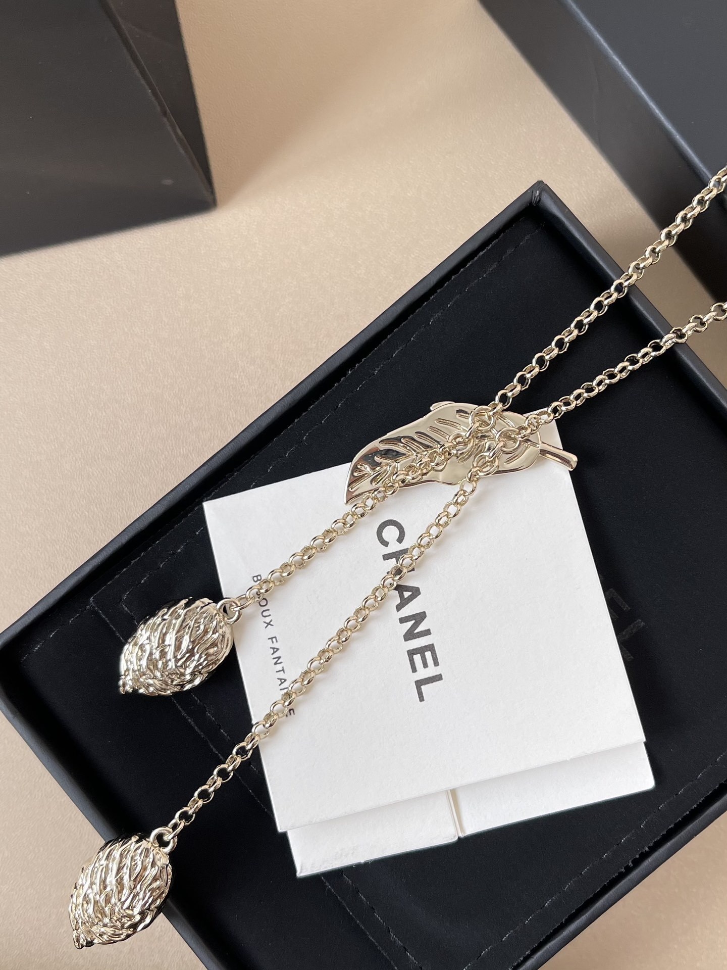 Chanel Gold Leaf CC Logo Necklace with Pink Crystal Pendants