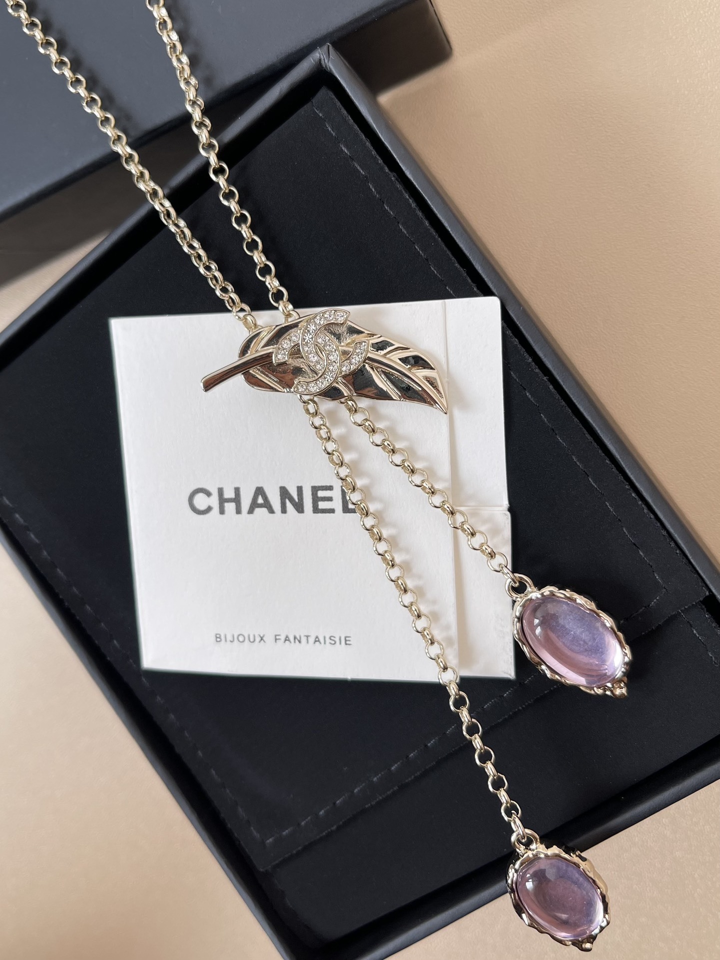 Chanel Gold Leaf CC Logo Necklace with Pink Crystal Pendants