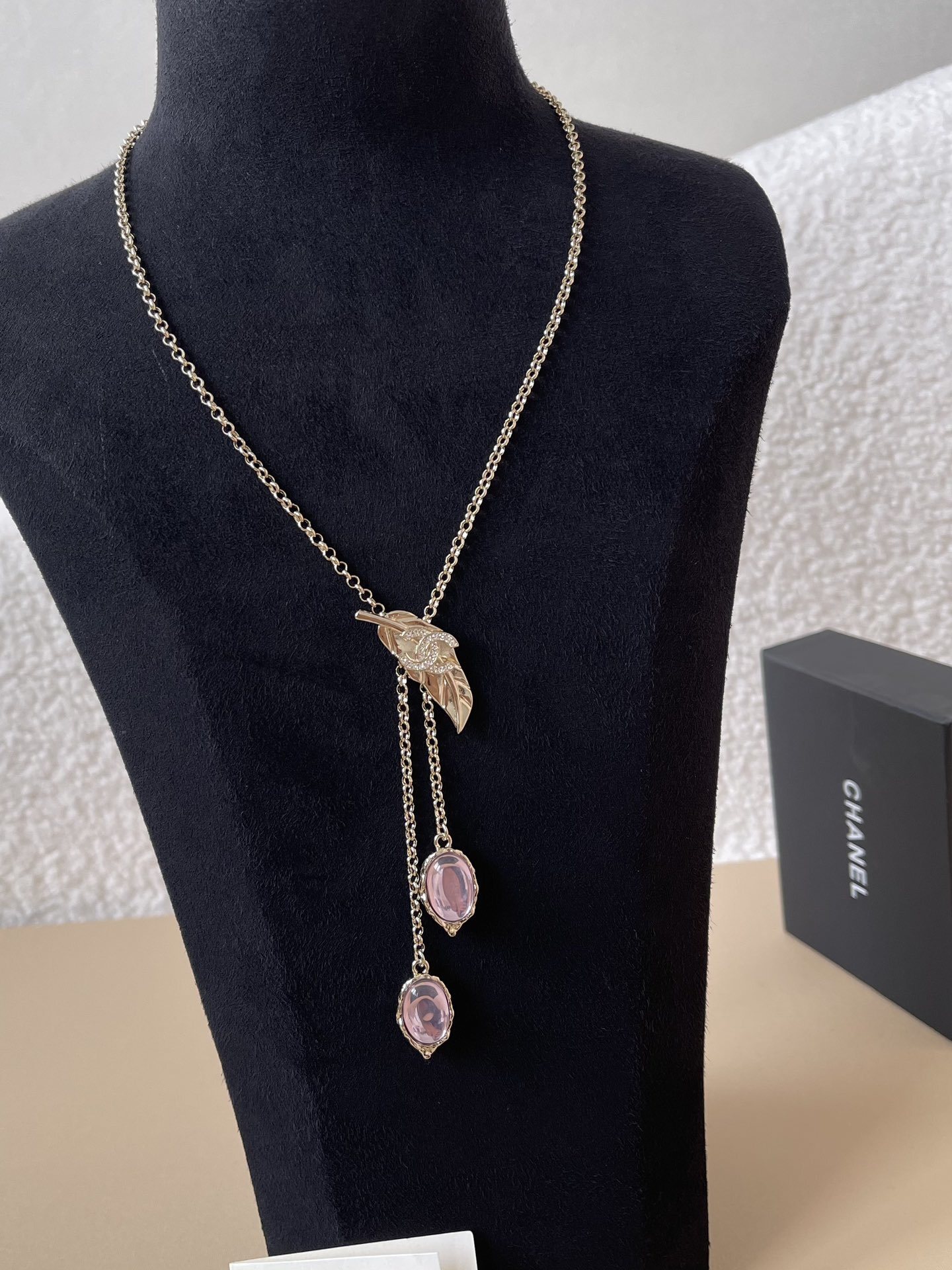 Chanel Gold Leaf CC Logo Necklace with Pink Crystal Pendants