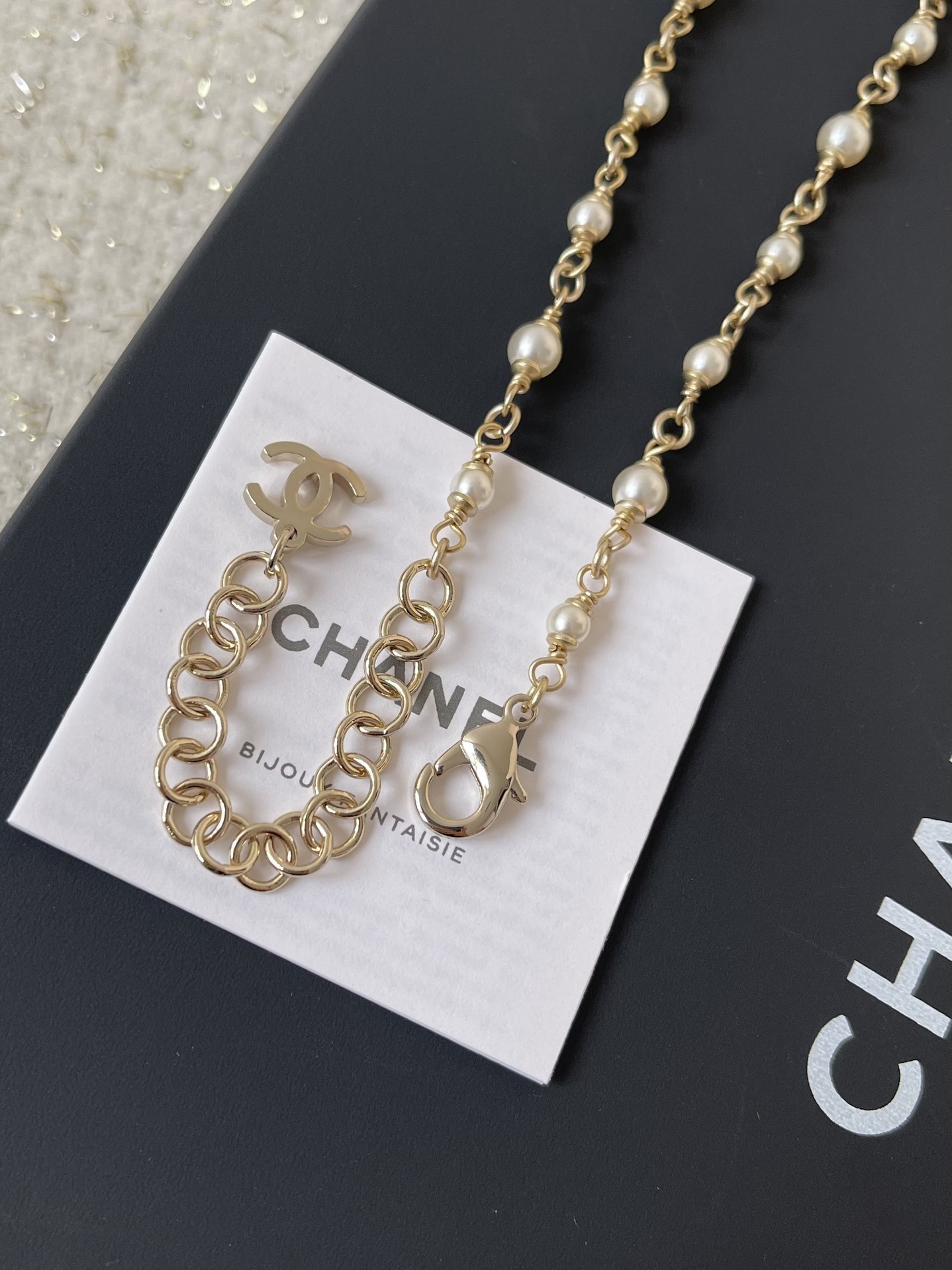 Elegant Gold-Tone Pearl and Crystal CC Logo Necklace for Women