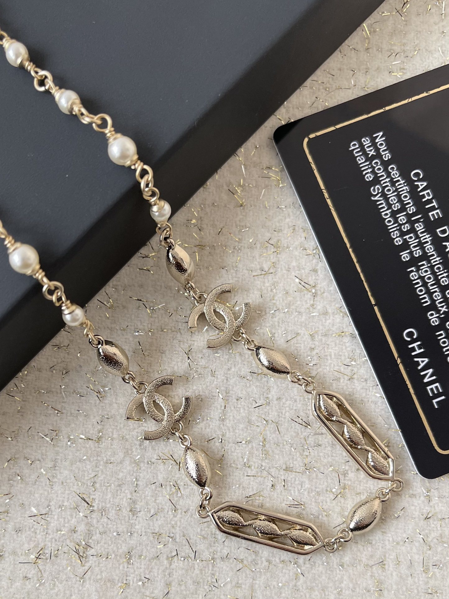 Elegant Gold-Tone Pearl and Crystal CC Logo Necklace for Women