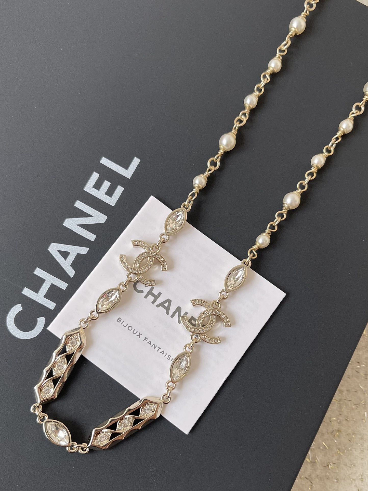Elegant Gold-Tone Pearl and Crystal CC Logo Necklace for Women