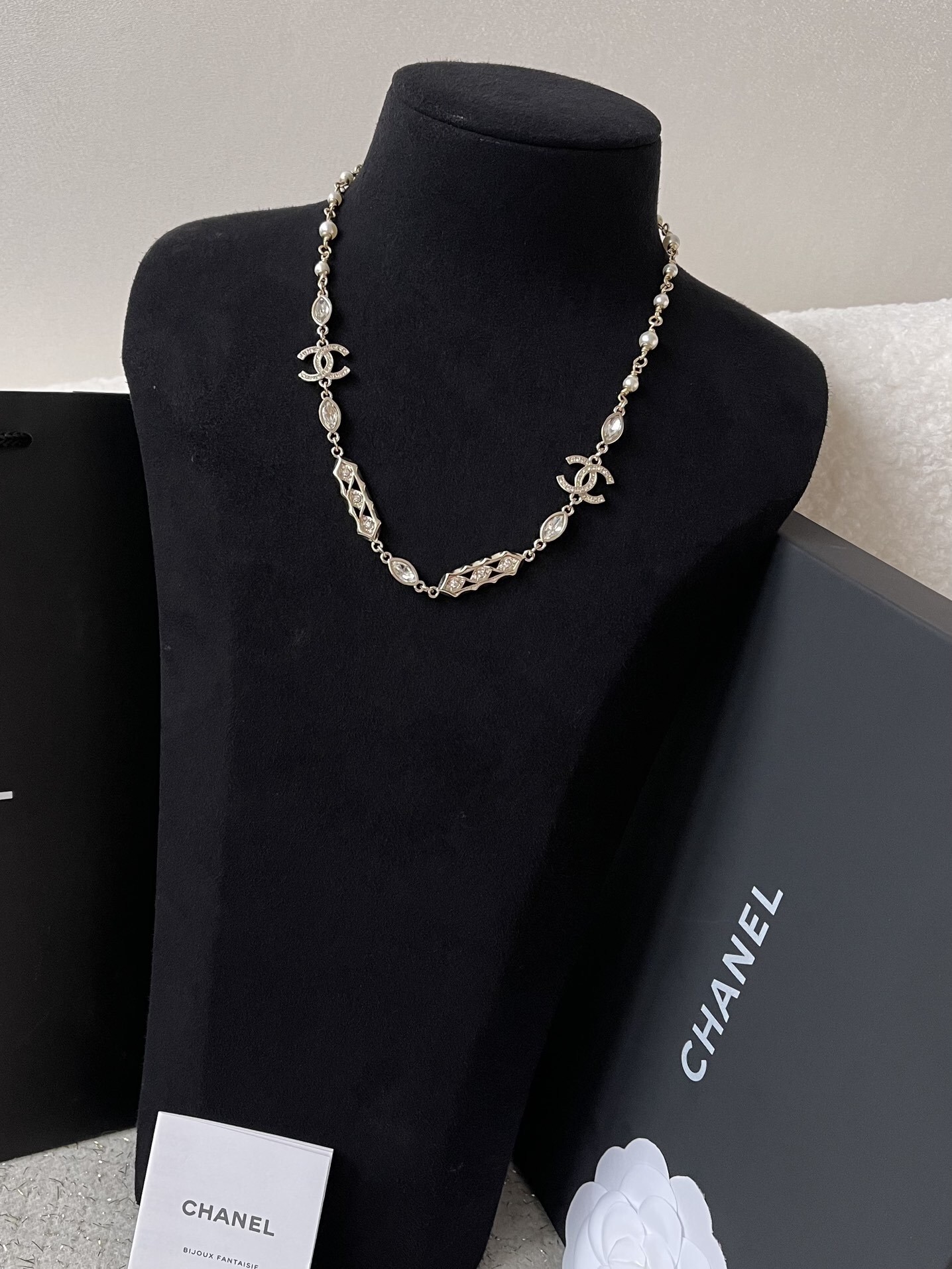 Elegant Gold-Tone Pearl and Crystal CC Logo Necklace for Women