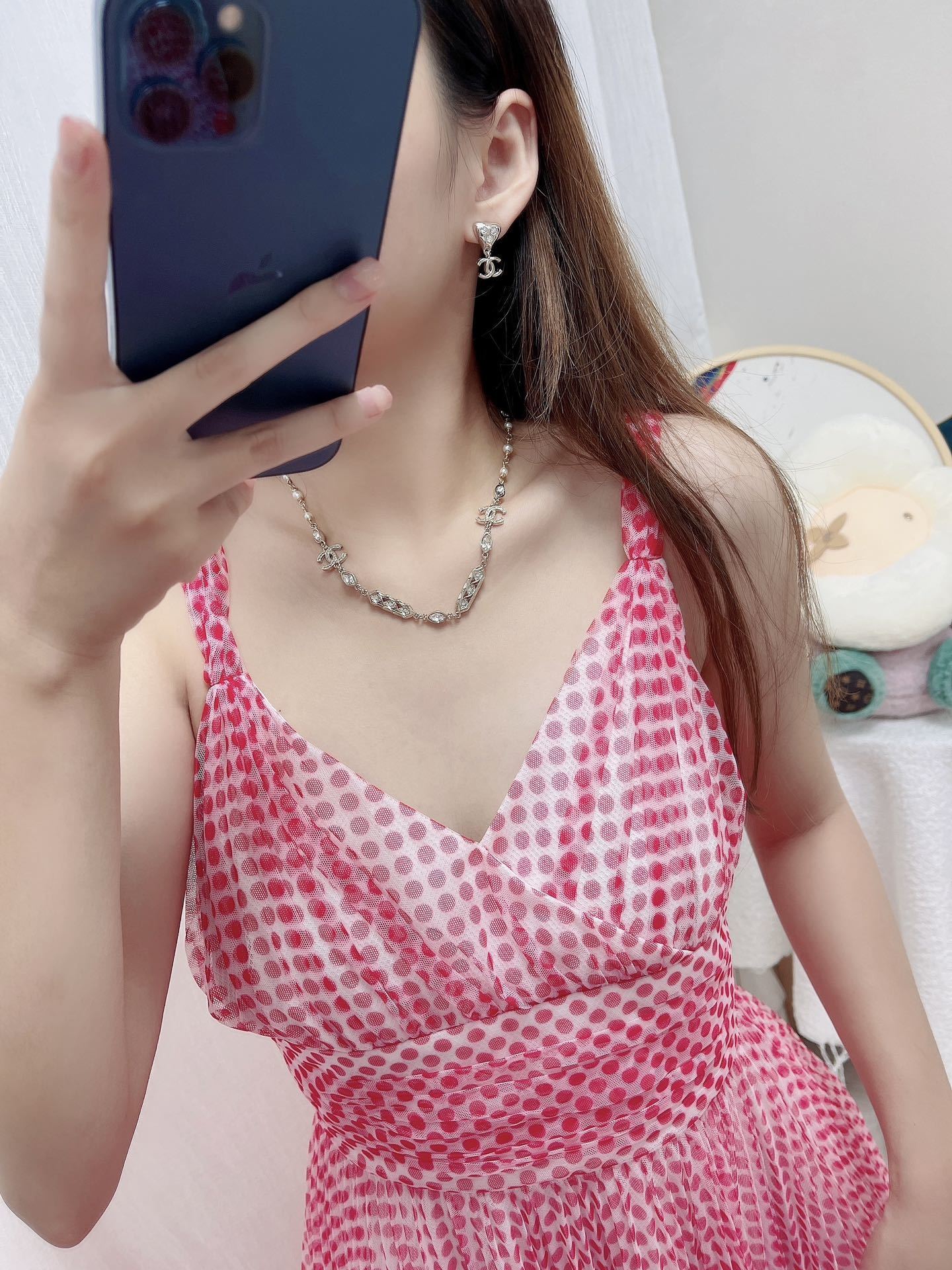 Elegant Gold-Tone Pearl and Crystal CC Logo Necklace for Women