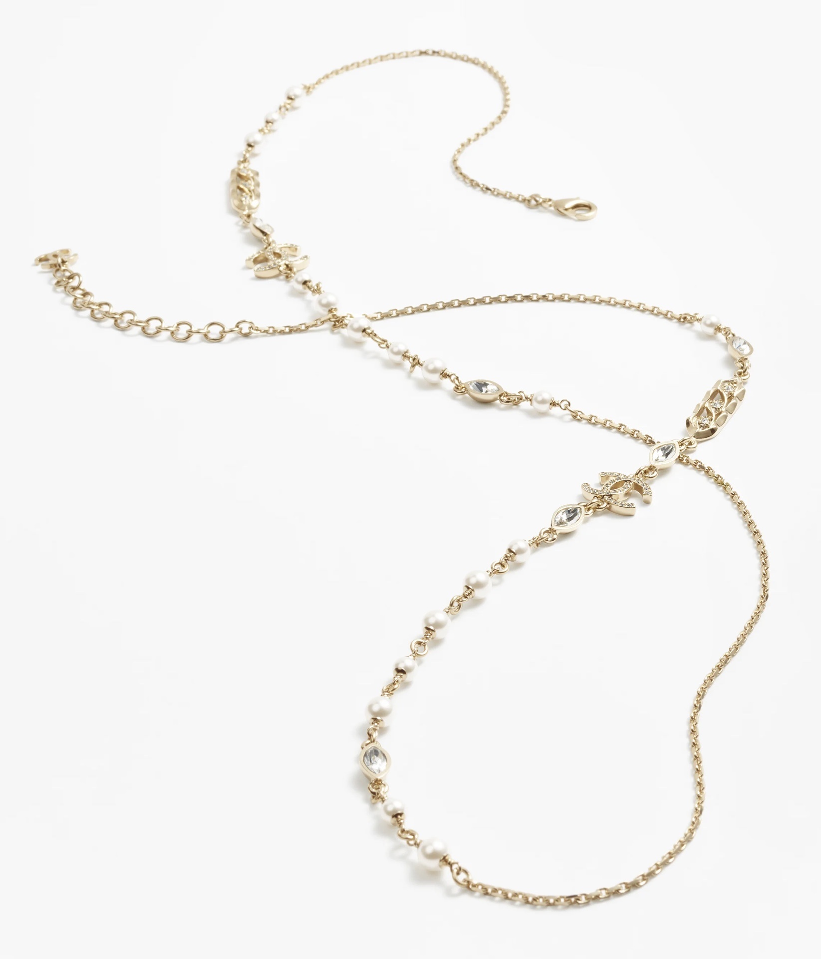 Chanel CC Logo Long Necklace - Gold Metal, Pearls & Crystals