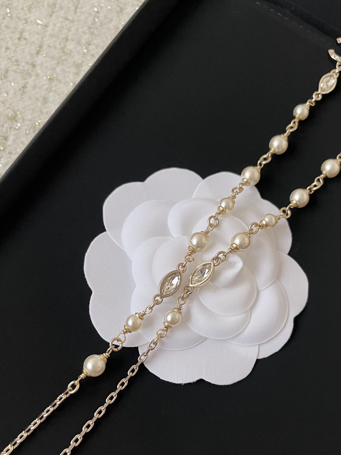 Chanel CC Logo Long Necklace - Gold Metal, Pearls & Crystals