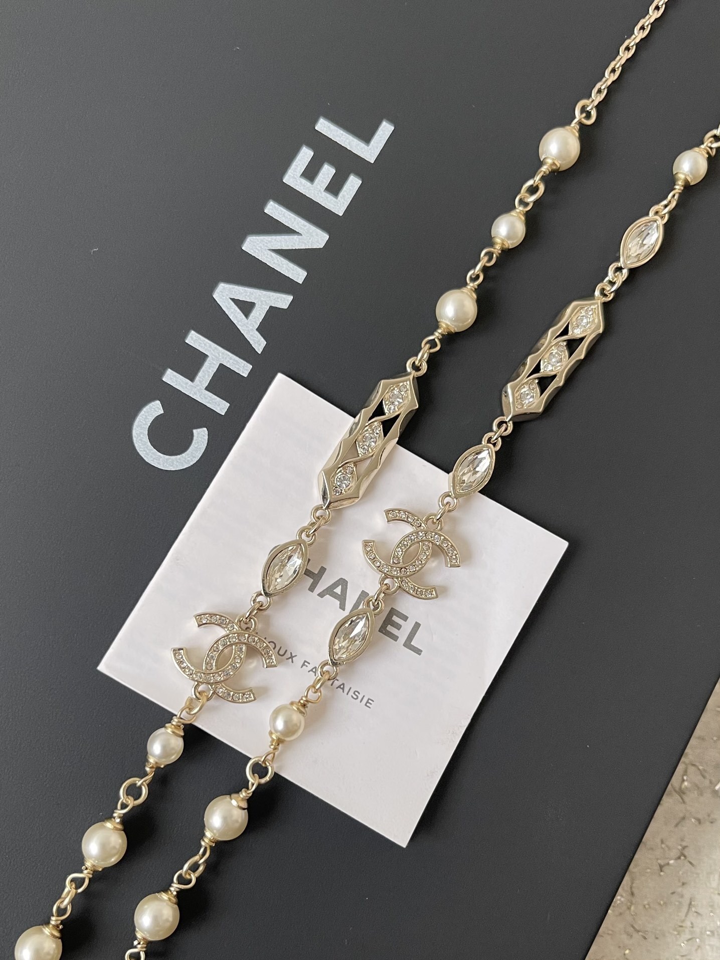 Chanel CC Logo Long Necklace - Gold Metal, Pearls & Crystals