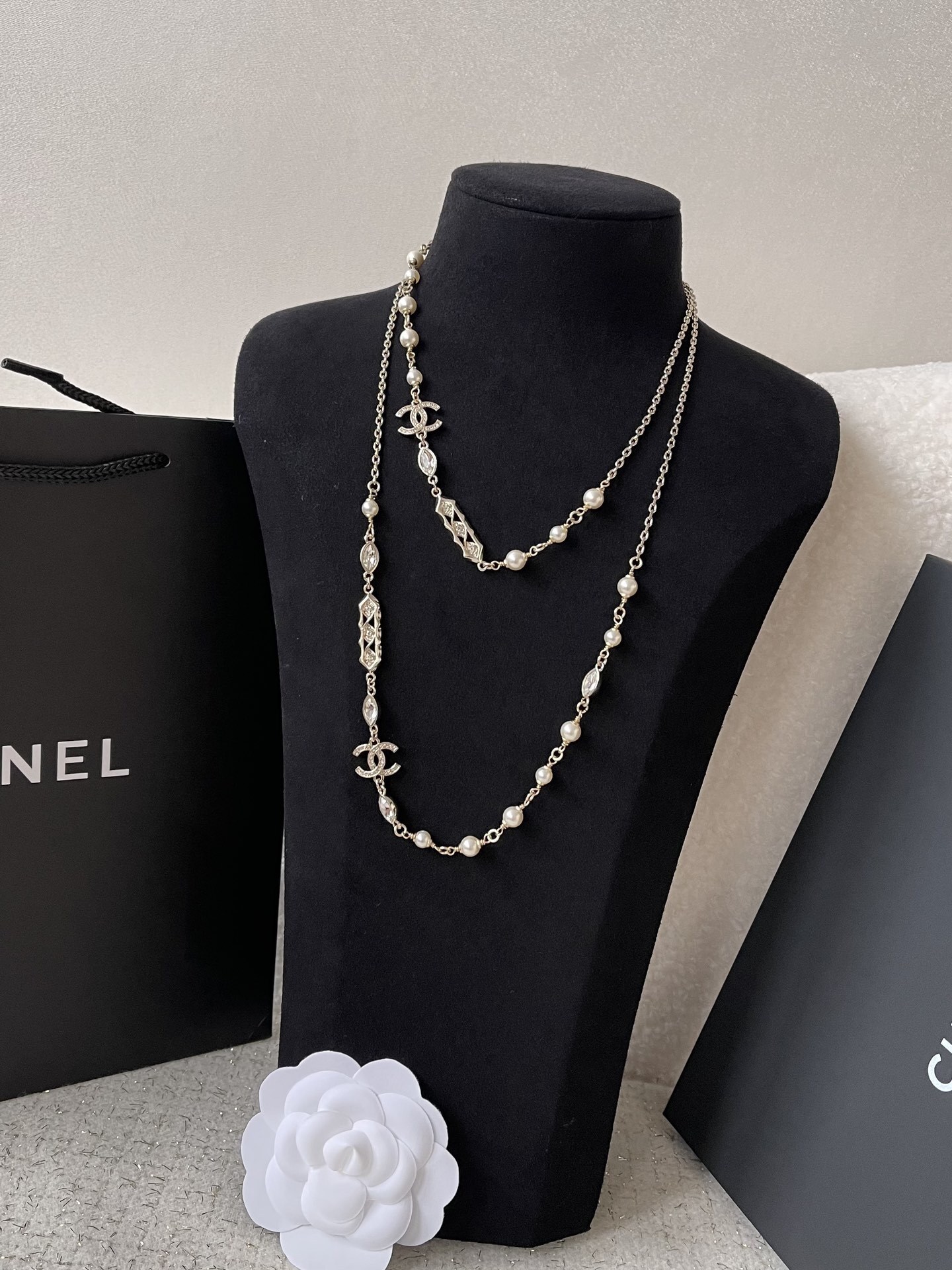 Chanel CC Logo Long Necklace - Gold Metal, Pearls & Crystals