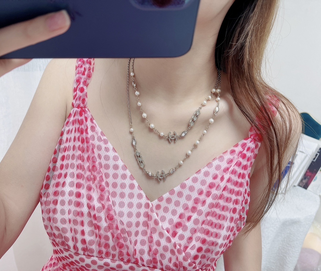 Chanel CC Logo Long Necklace - Gold Metal, Pearls & Crystals