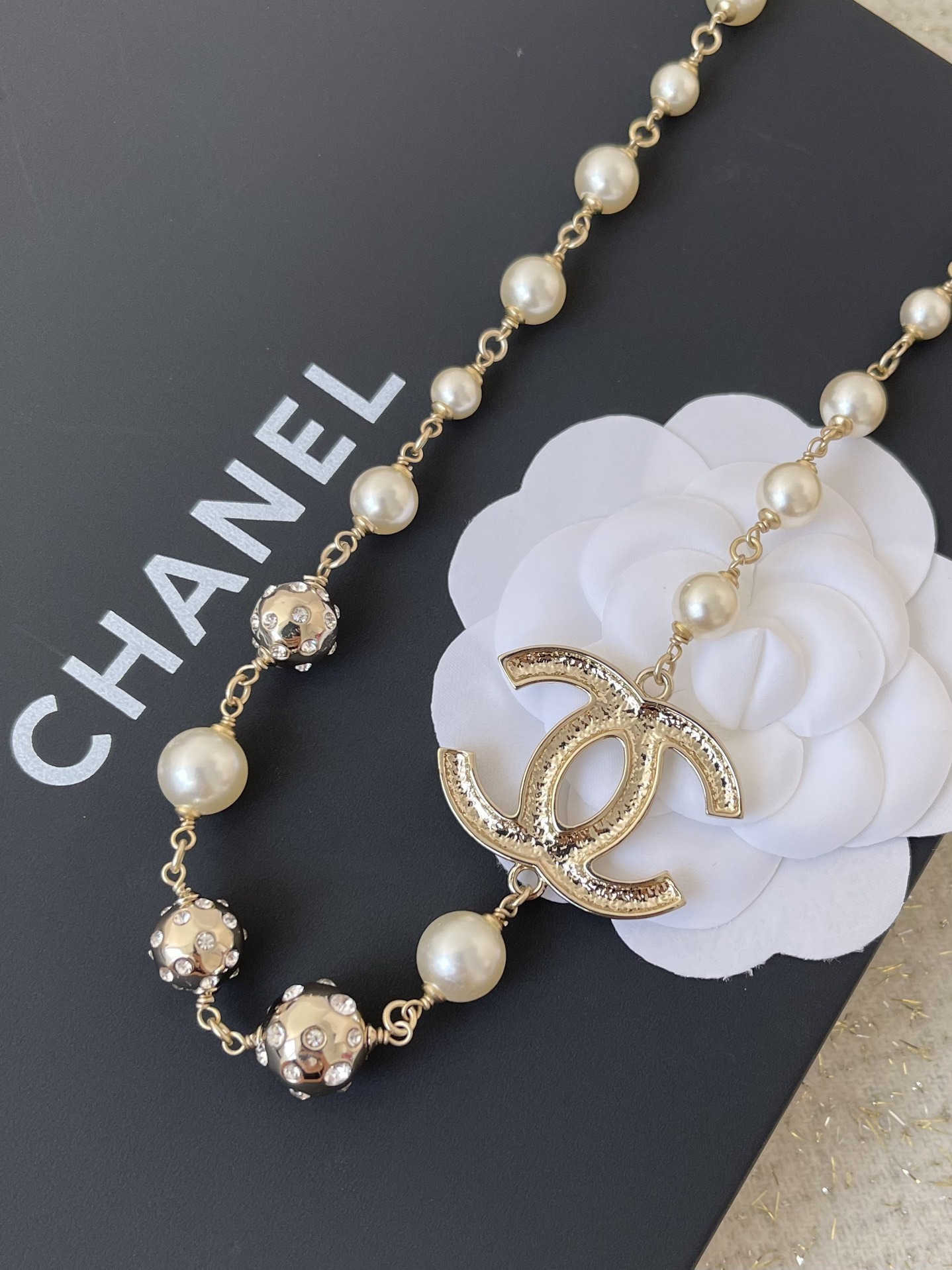 Chanel CC Logo Pearl Necklace - Gold Tone with Crystals