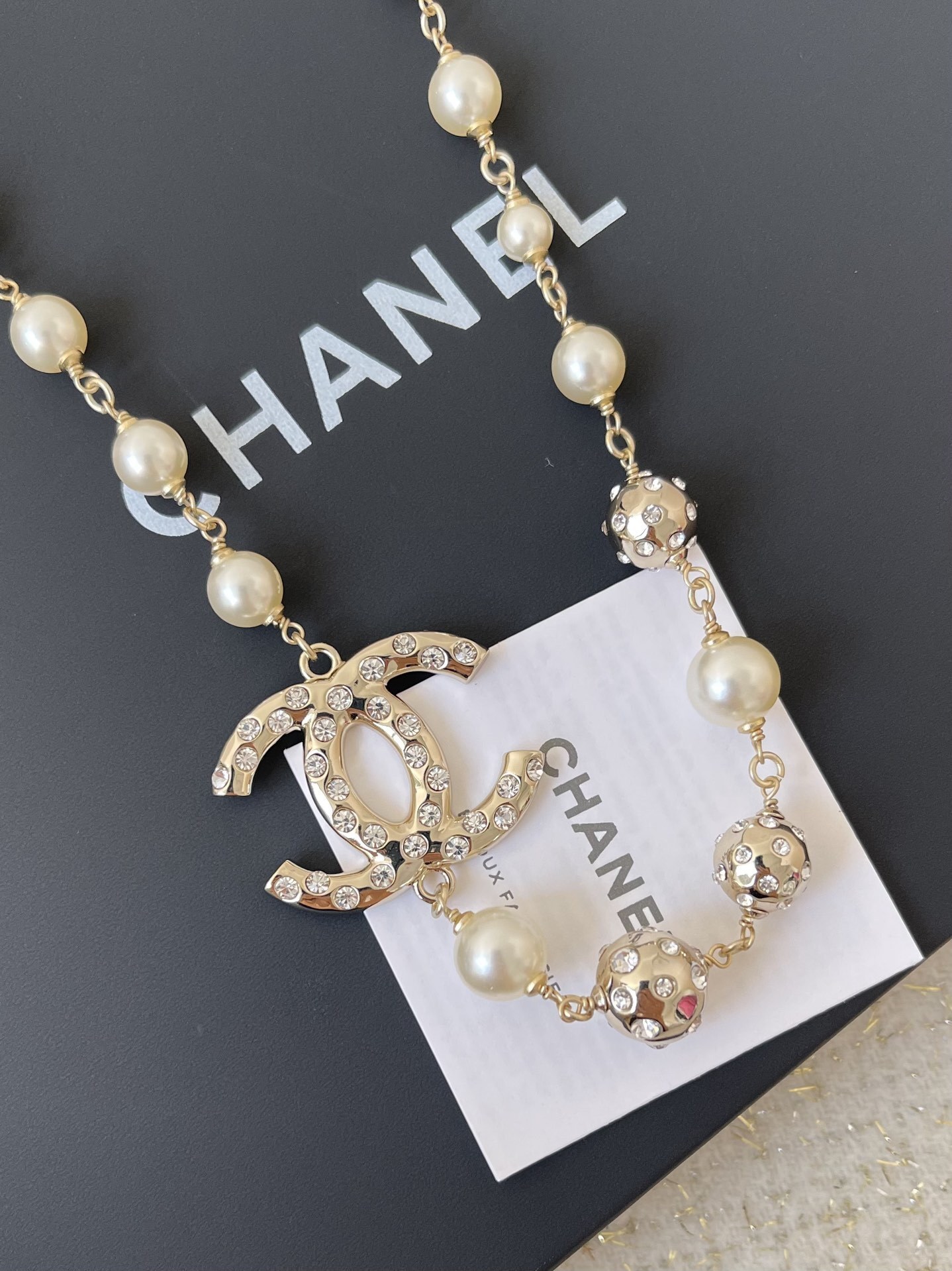 Chanel CC Logo Pearl Necklace - Gold Tone with Crystals