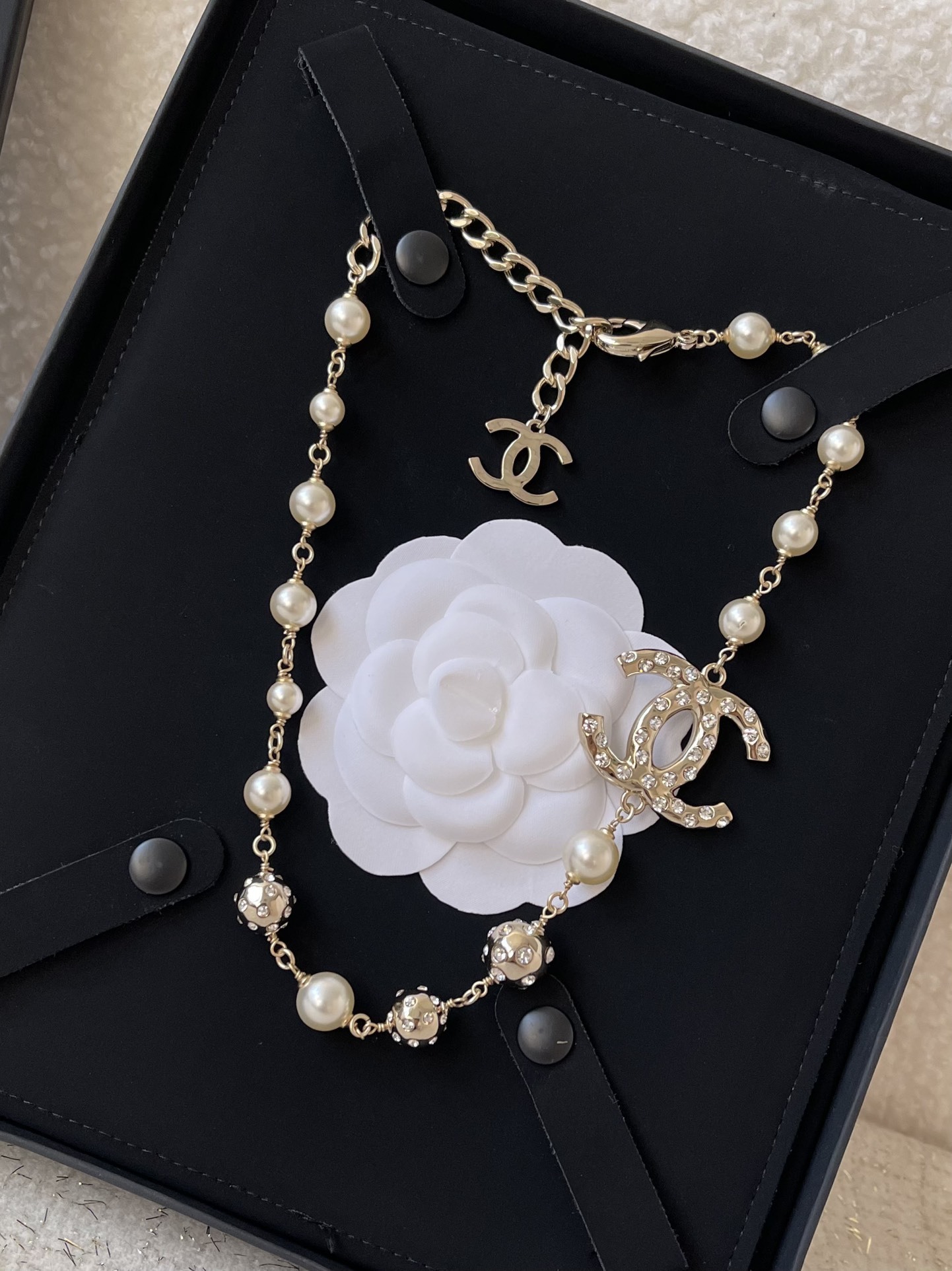 Chanel CC Logo Pearl Necklace - Gold Tone with Crystals