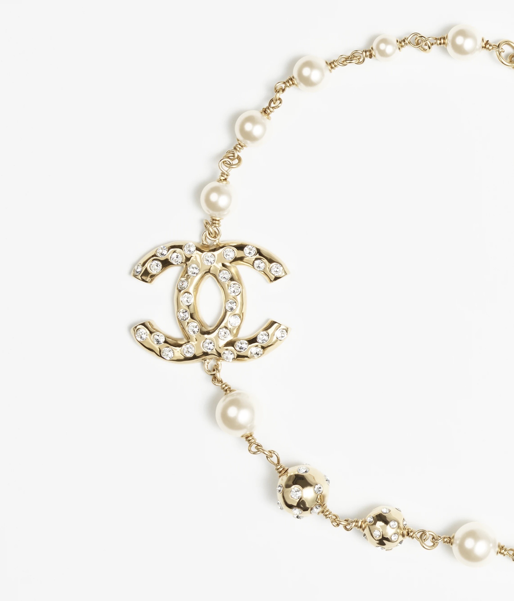 Chanel CC Logo Pearl Necklace - Gold Tone with Crystals