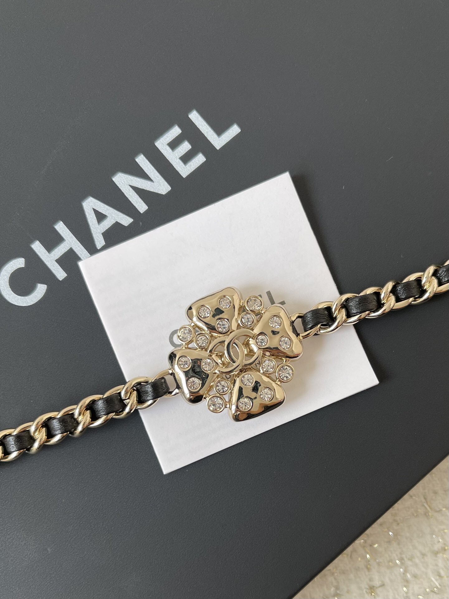 Designer Crystal Camellia Flower Leather Chain Choker Necklace