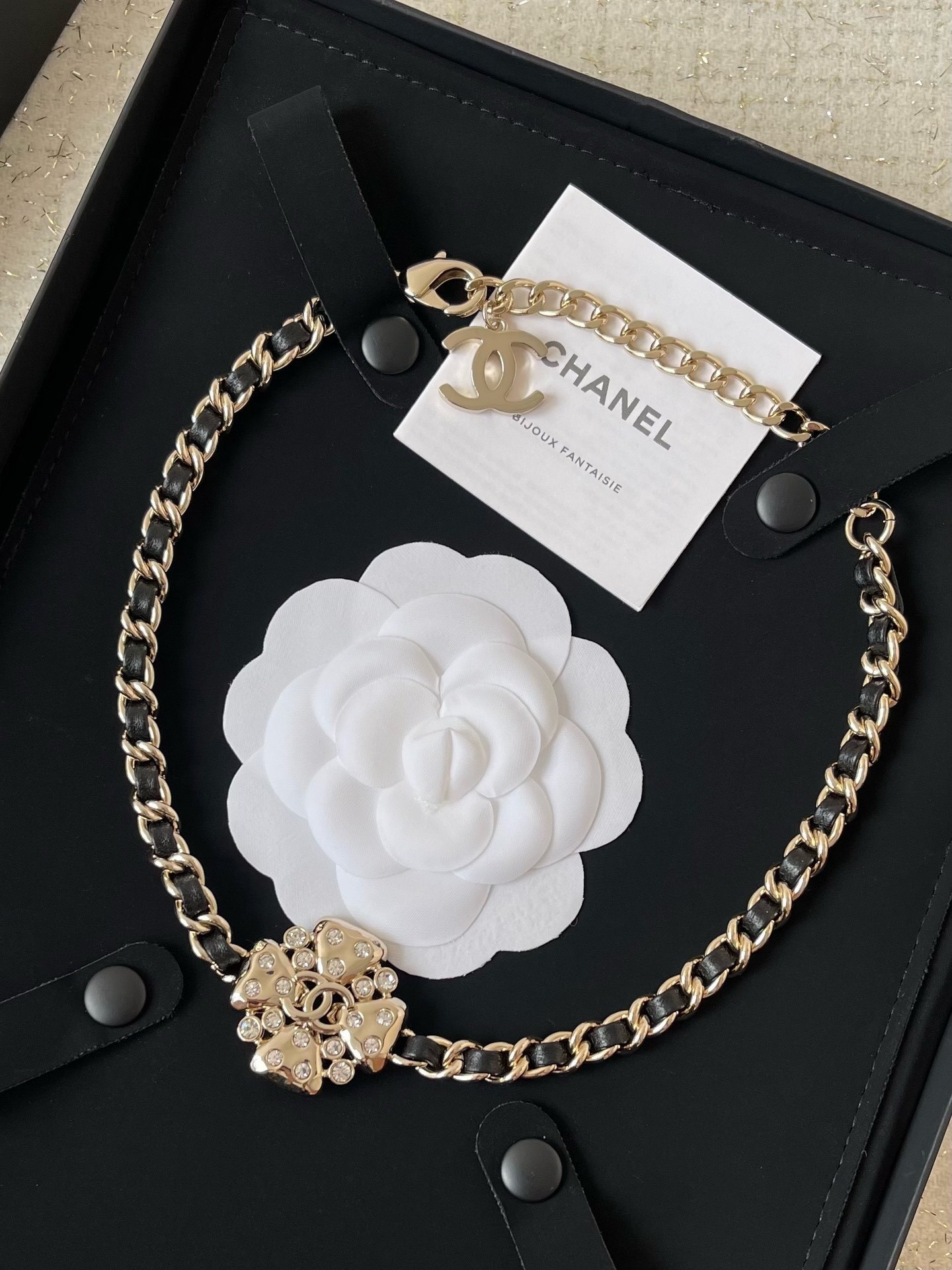 Designer Crystal Camellia Flower Leather Chain Choker Necklace
