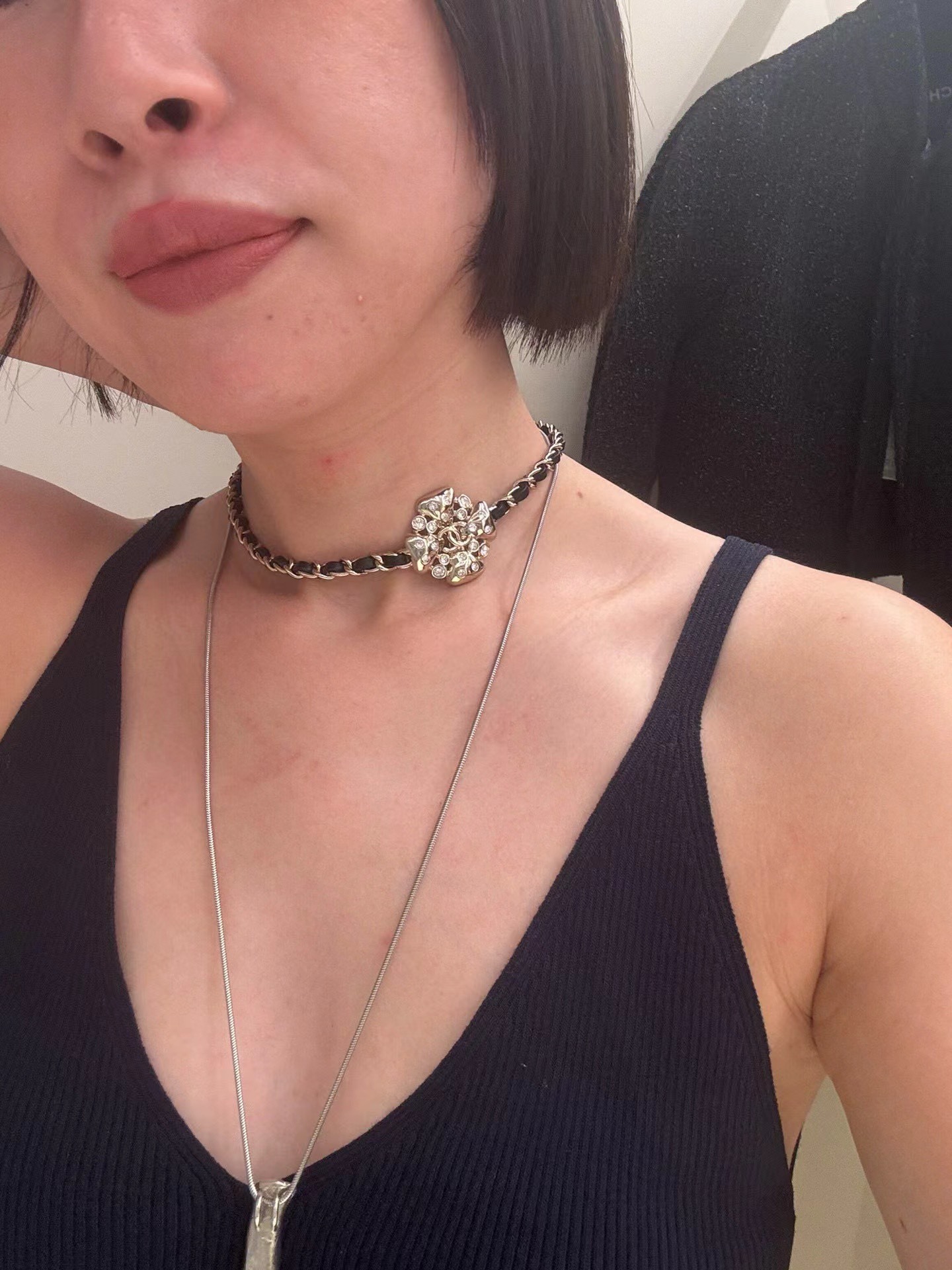 Designer Crystal Camellia Flower Leather Chain Choker Necklace