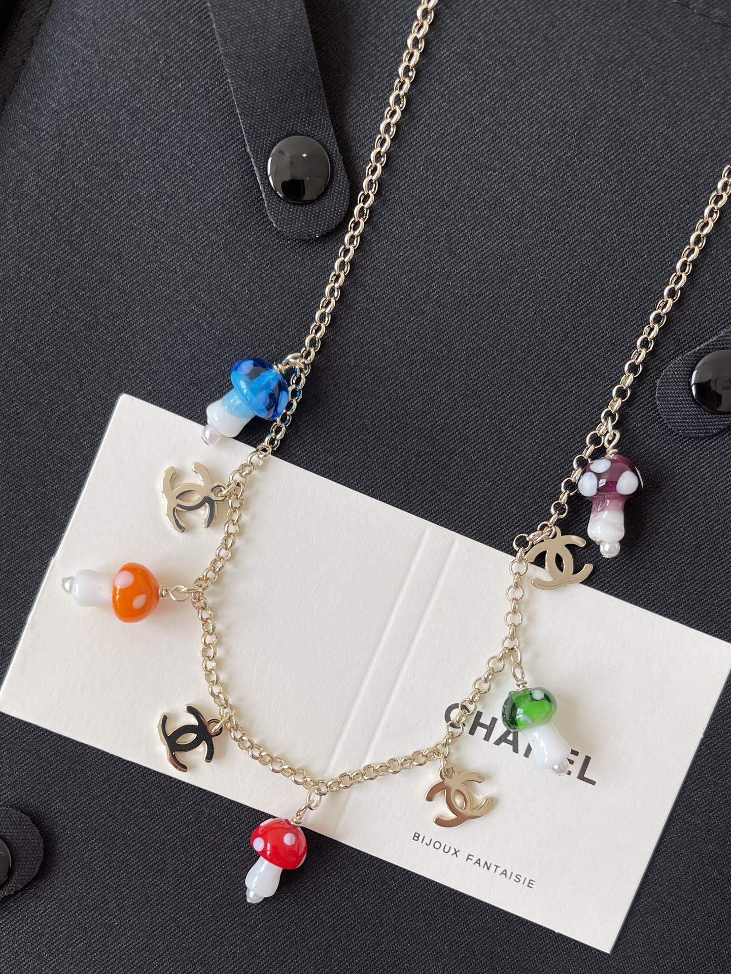Luxury Chanel Gold Mushroom Charm Necklace with Colorful Accents