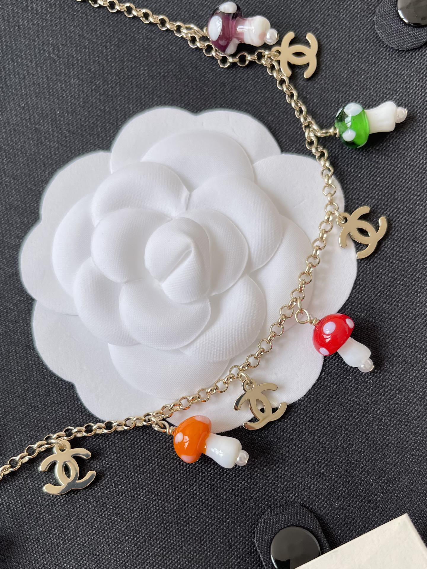 Luxury Chanel Gold Mushroom Charm Necklace with Colorful Accents