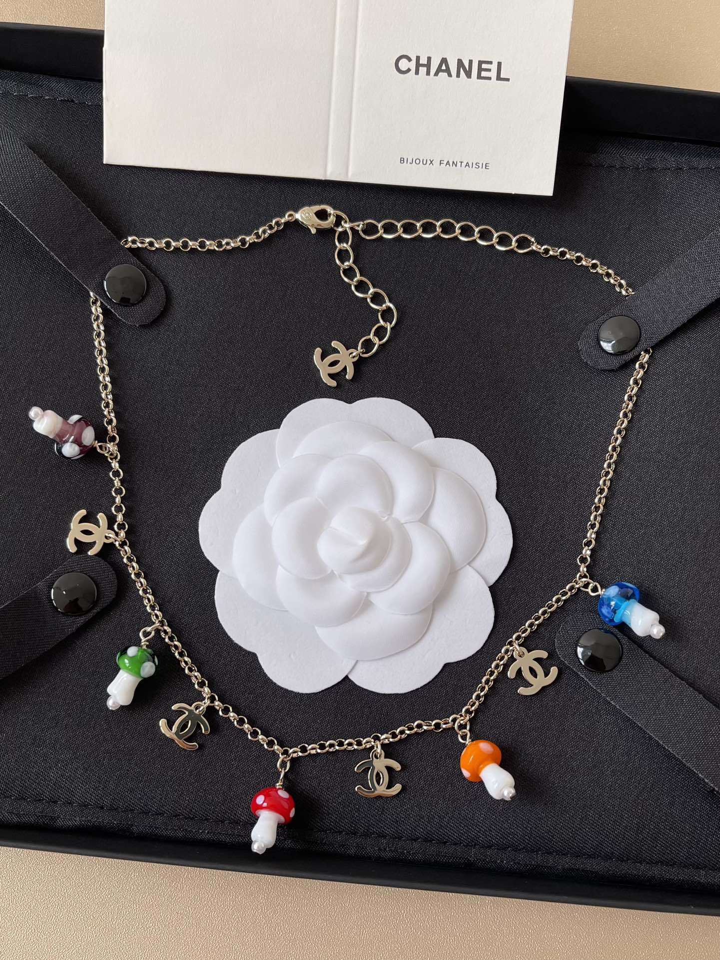 Luxury Chanel Gold Mushroom Charm Necklace with Colorful Accents